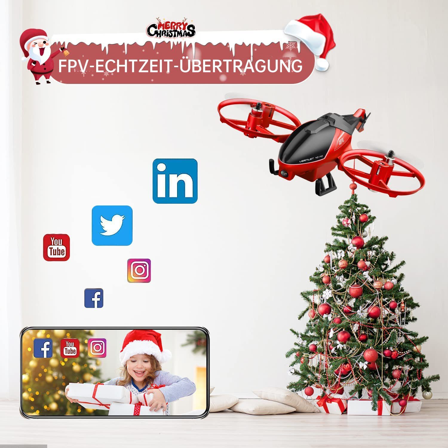 4DRC M3 Hubschrauber-Drohne Spielzeug-Drohne (1080p Full HD, FPV-Live-Video-RC-Quadcopter für Anfänger, 3D-Flips, Gesten-Selfie)