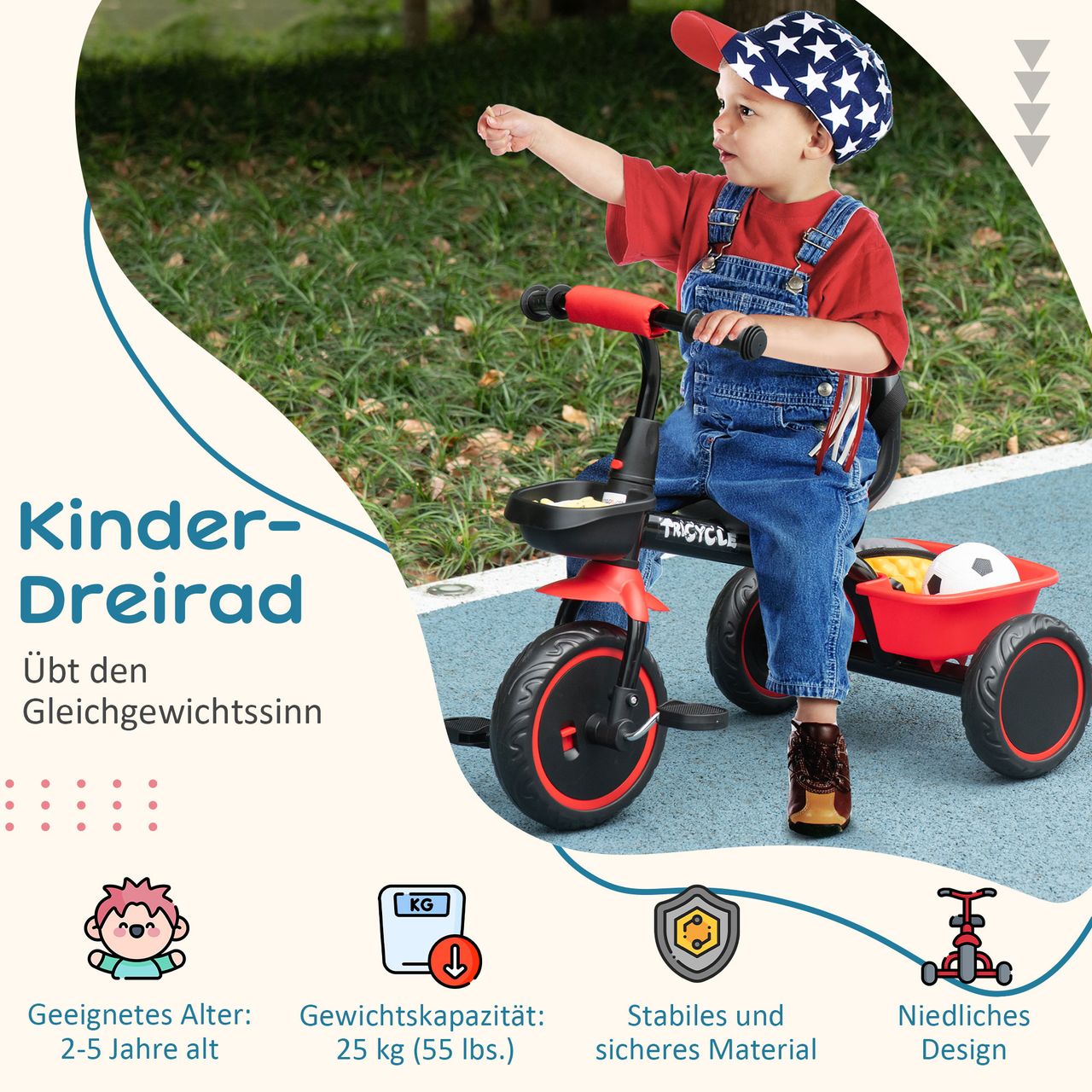 AIYAPLAY Dreirad Kinderfahrrad Kinderdreirad mit Beckengurt 2 Körben Schwarz Rot