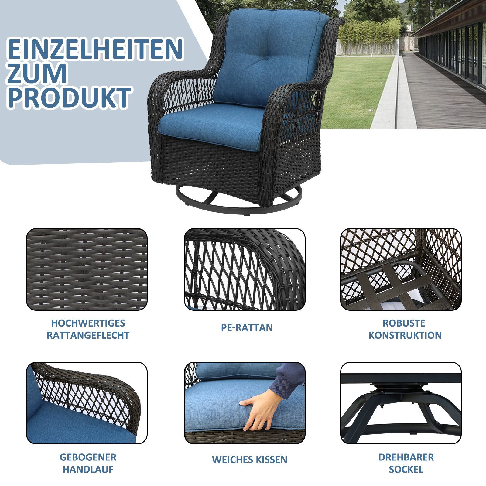 KAHOO Garten-Essgruppe 3tlg. Balkonmöbel Set, Polyrattan, inkl. Kissen
