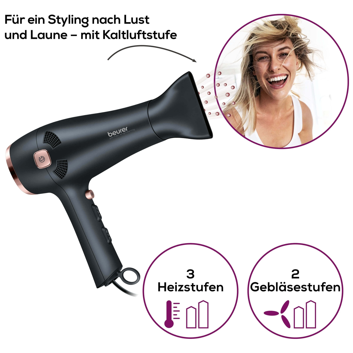 Beurer Haartrockner - HC 55-Haartrockner mit 2 Aufsätzen & praktischem Kabeleinzug
