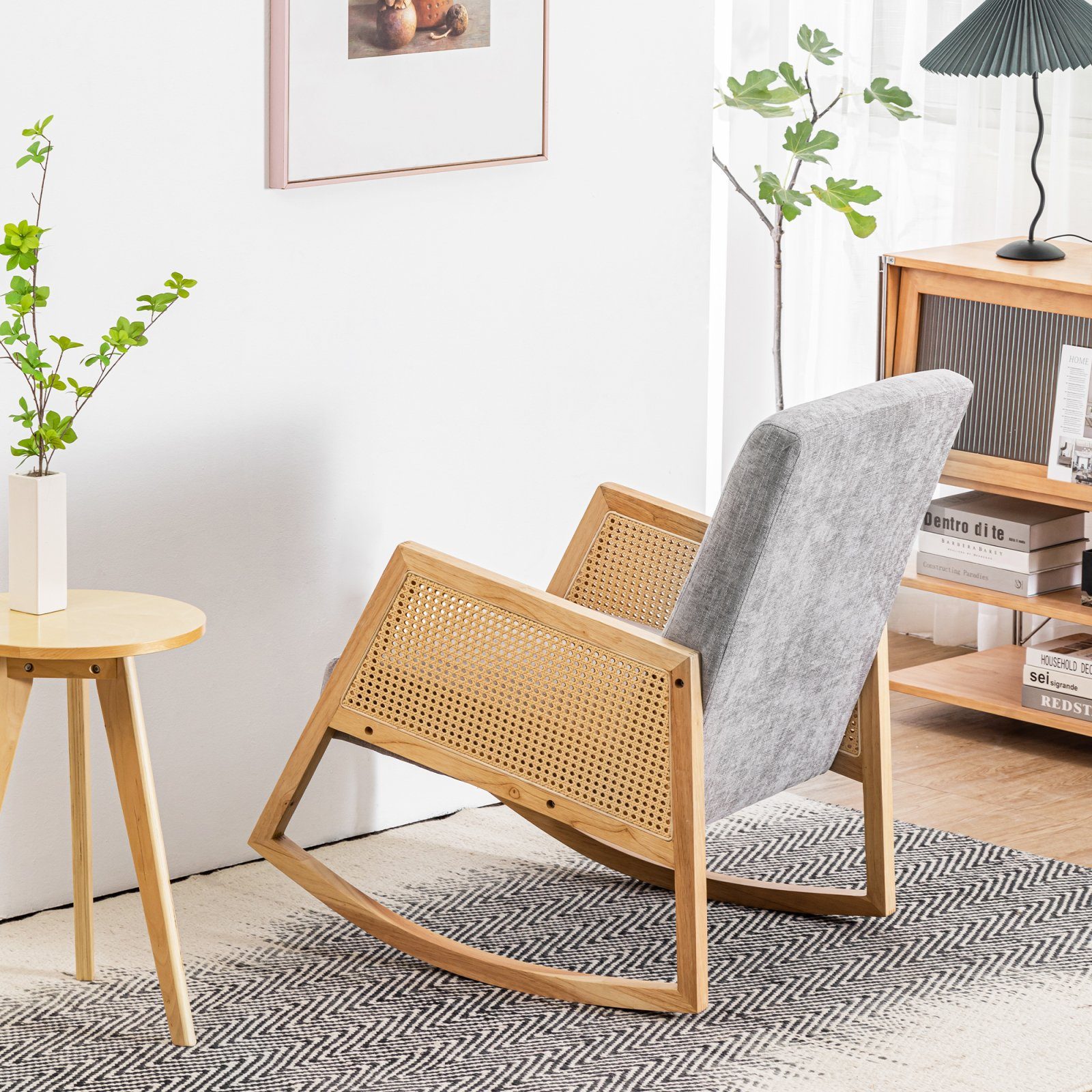 SEEZSSA Schaukelstuhl Wohnzimmer Schaukelstuhl, Massivholz Schaukelsessel Freizeitstuhl (1 St), mit PE Kunststoff Rattan Relaxstuhl für Kinderzimmer Schaukelstuhl
