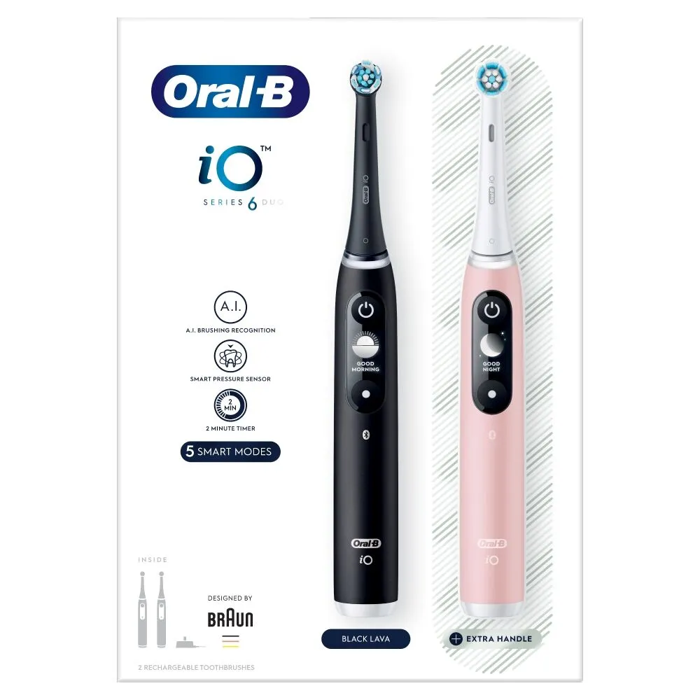 „Oral-B iO Series 6 Duo“ elektrinis dantų šepetėlis, juodos ir rožinės spalvos, smėlio spalvos