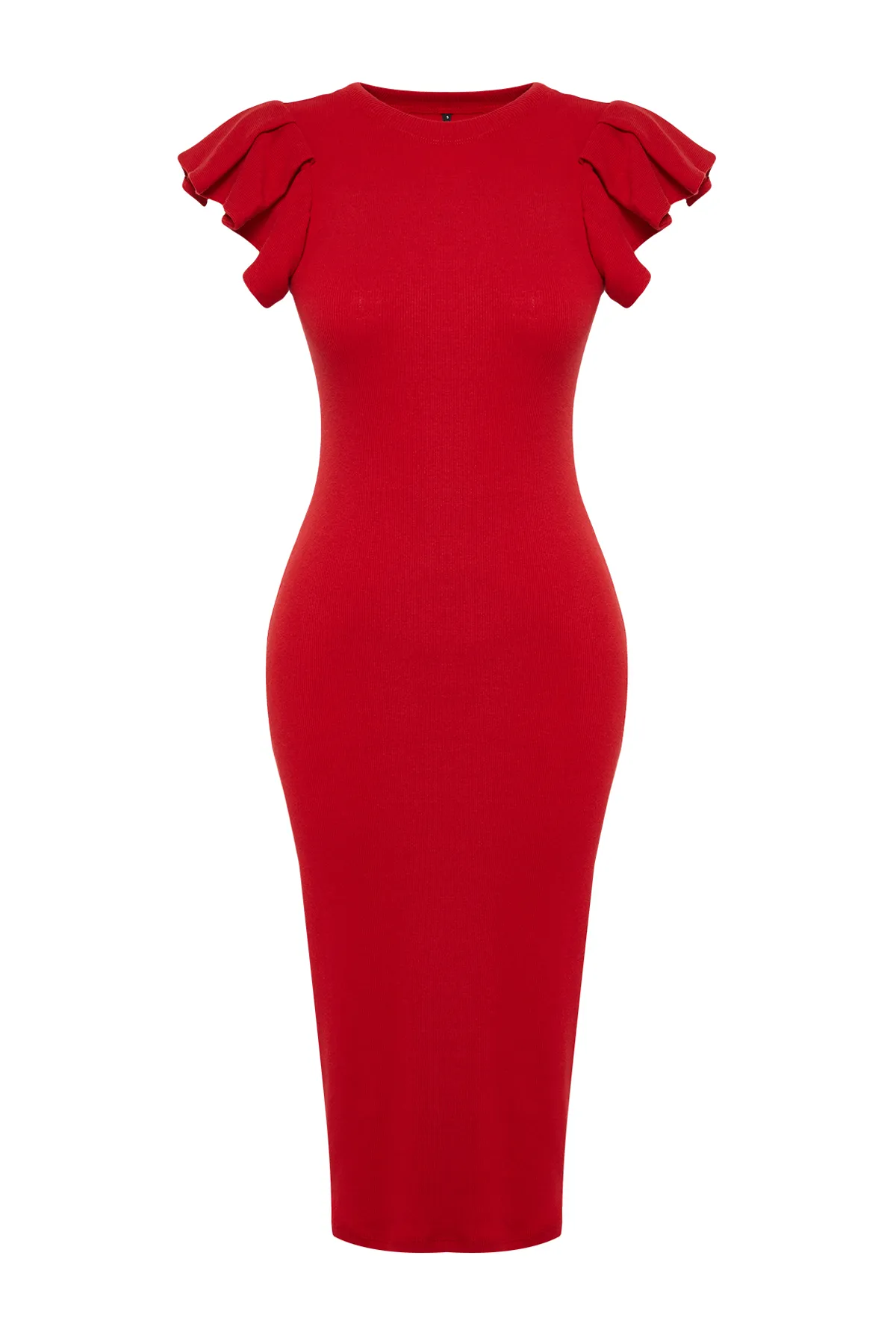 Trendyol Collection  Rotes Midi-Strickkleid mit Volants und gerippten Ärmeln TWOSS23EL01708