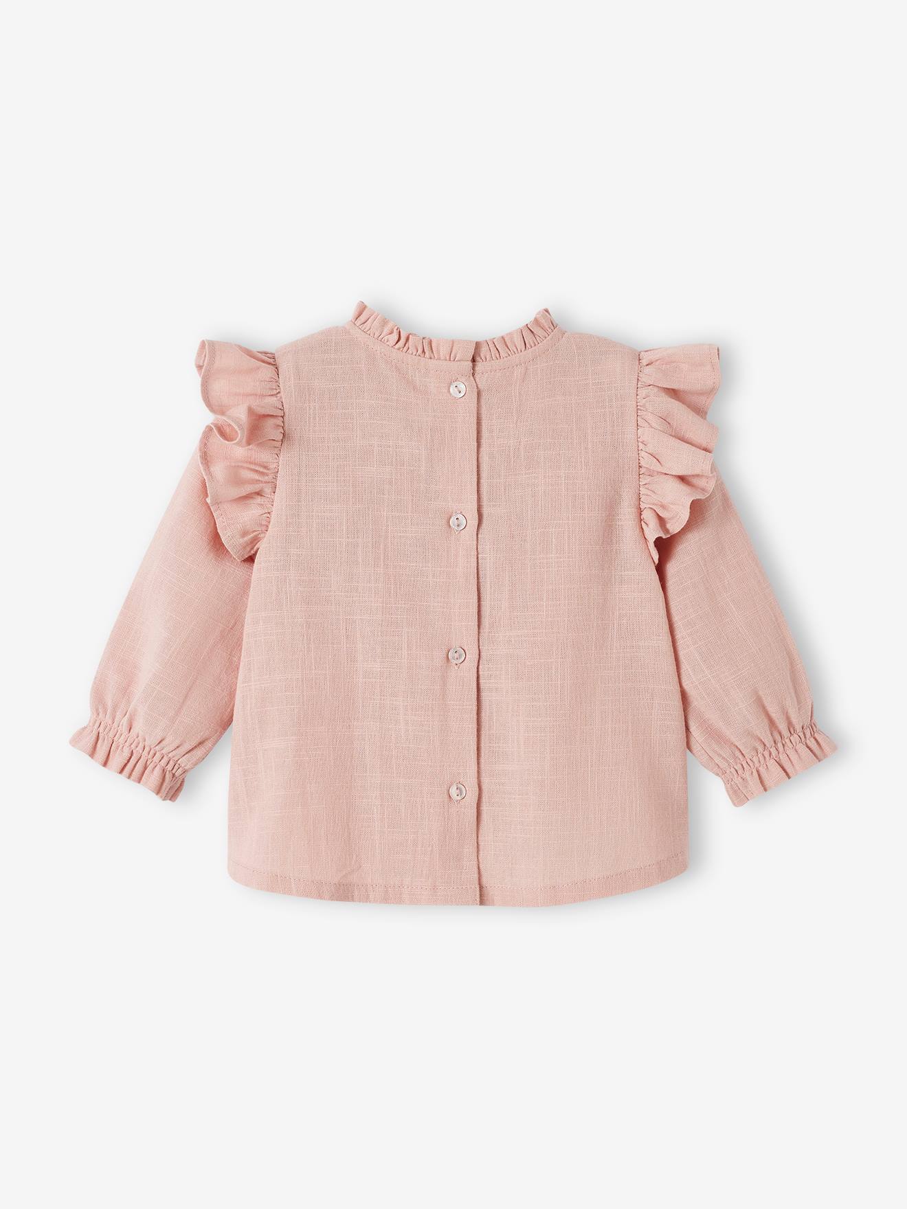 Blouse volantée bébé en tissu flammé rose poudré