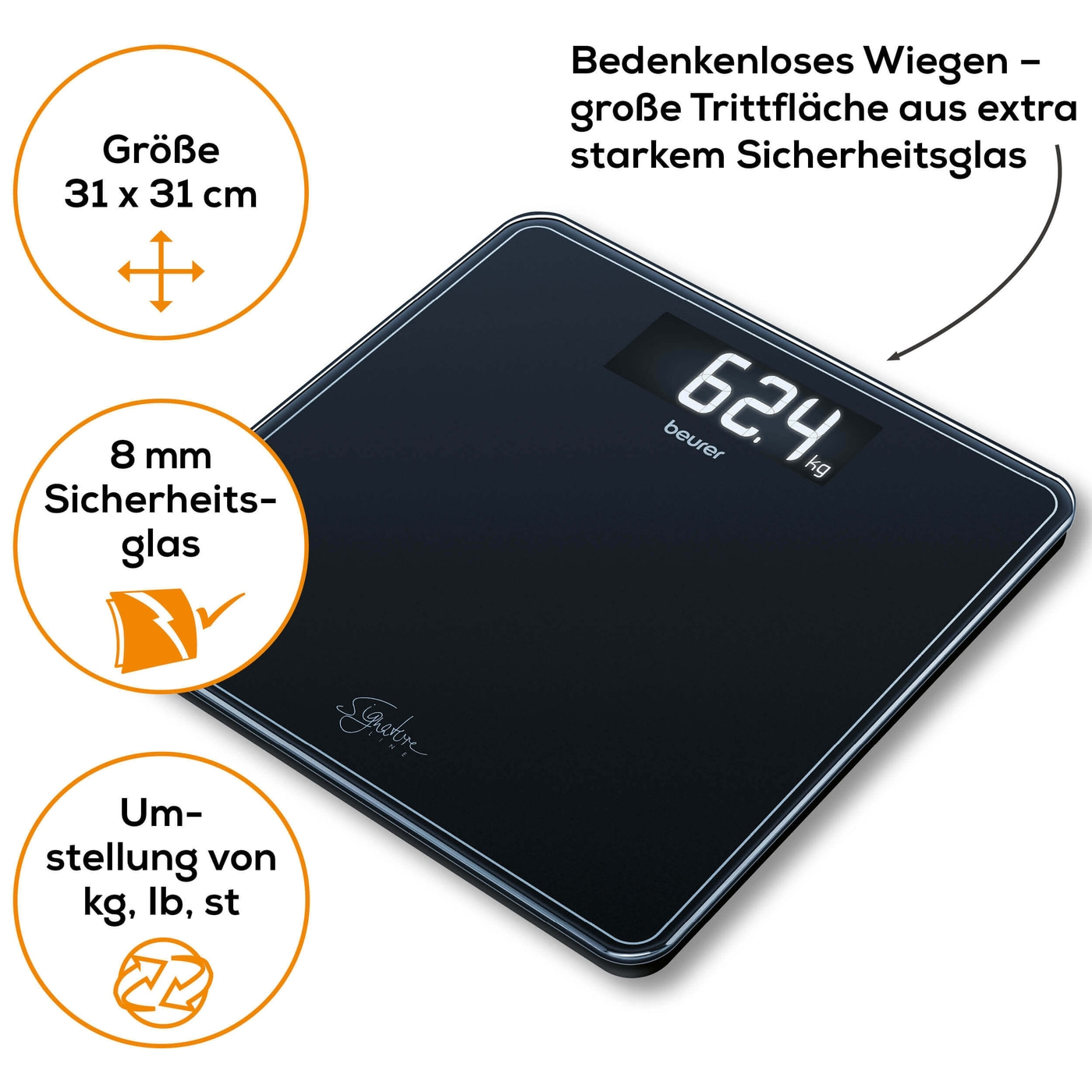 Glaswaage GS 400 SignatureLine White-Große Personenwaage aus Glas im edlen Design - bis 200 kg