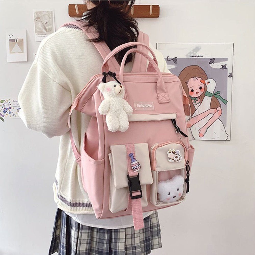 XDeer Kinderrucksack Süße Mädchenrucksack,Büchertaschen(pink) mit Plüschanhänger für Teenager, Mädchen, Schulrucksack für Studenten,wasserabweisender Reiserucksack für die Schuler (Set), mit Laptopfach,mit Plüschanhänger