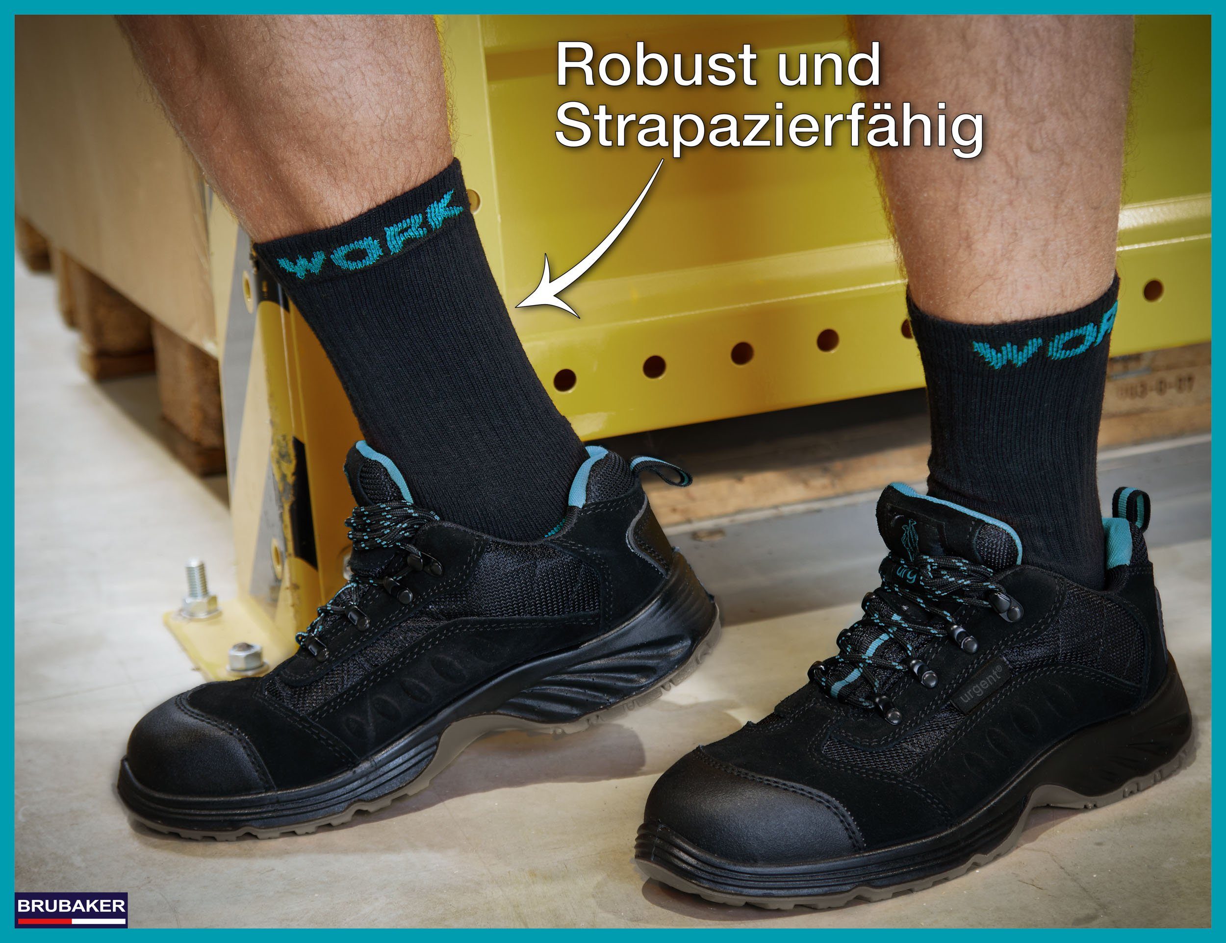 BRUBAKER Arbeitssocken für Herren - 10 oder 20 Paar Work Socken - Schwarz Türkis (Verstärkter Fersen und Zehenbereich, 10-Paar, Work Socks Arbeitssocken aus Baumwolle) Robuste Funktionssocken für optimalen Halt auf der Arbeit