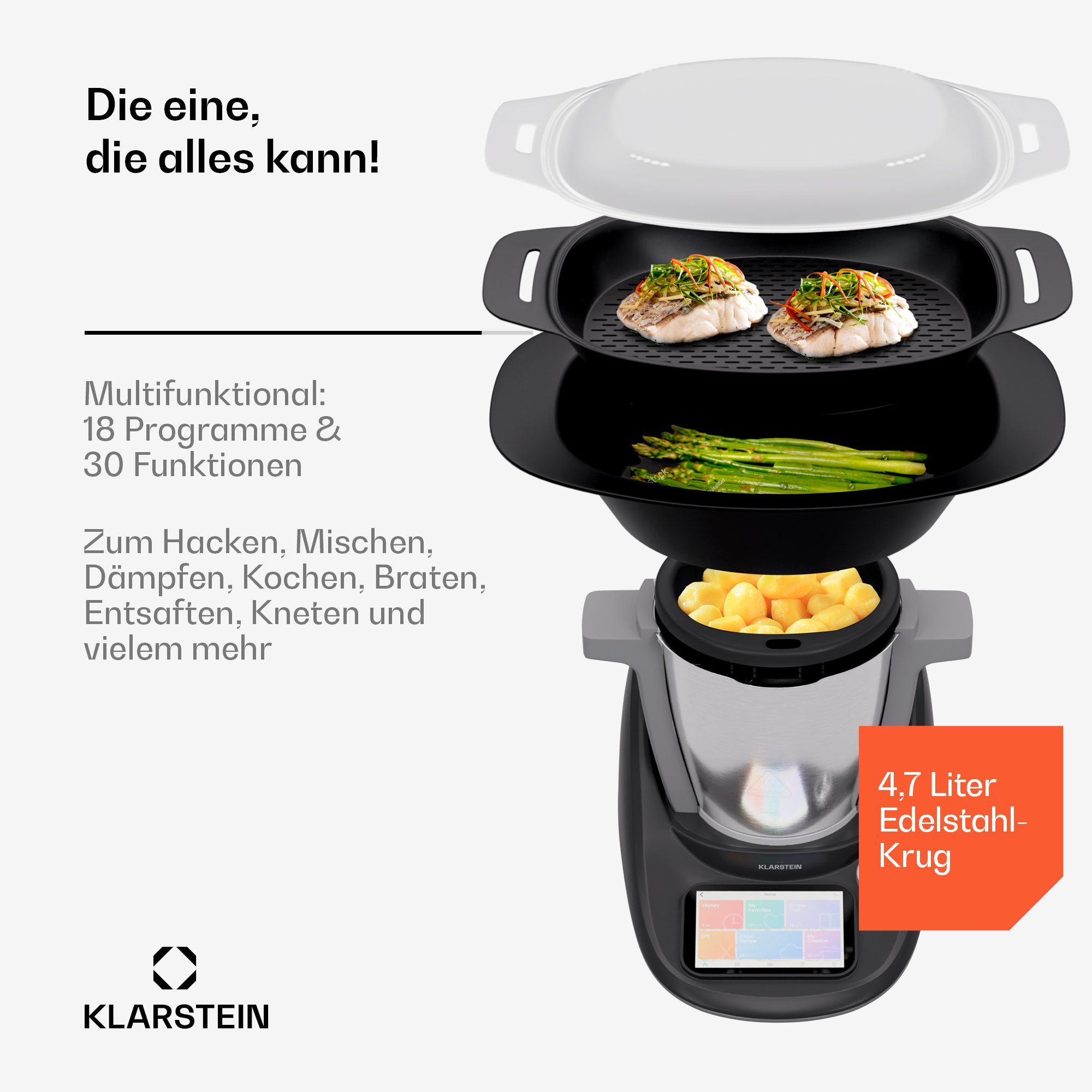 Klarstein Küchenmaschine mit Kochfunktion Aria Select Smart, 1700 W, 4.7 l Schüssel, Dämpfaufsatz Waage 4,7 L Edelstahl Touch App