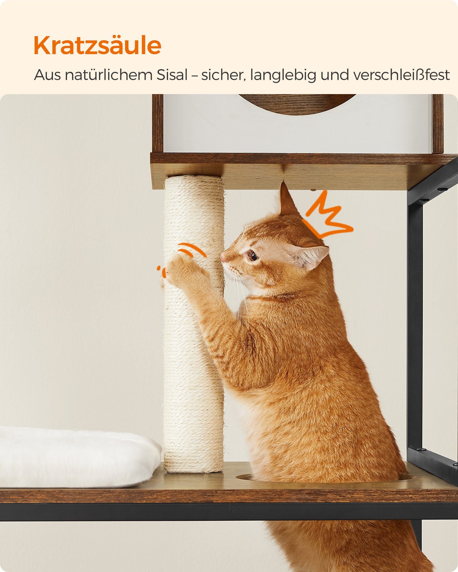 FEANDREA Kratzbaum, 3-in-1, mit Katzenklo-Schrank, erhöhter Napfständer