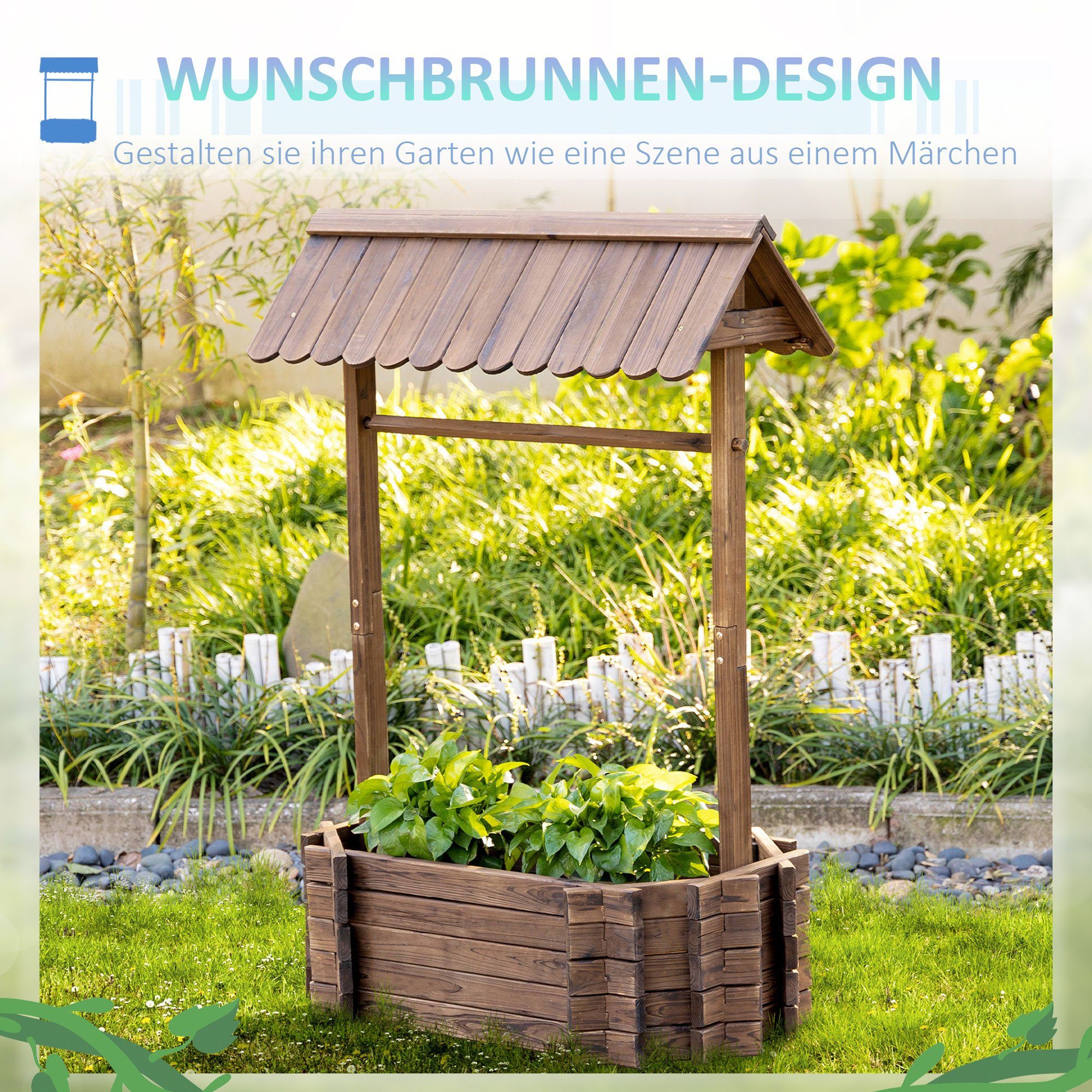 Outsunny Hochbeet Hochbeet, Hochbeet Holzbrunnen mit Dach Blumenkübel Wunschbrunnen Pflanzkasten