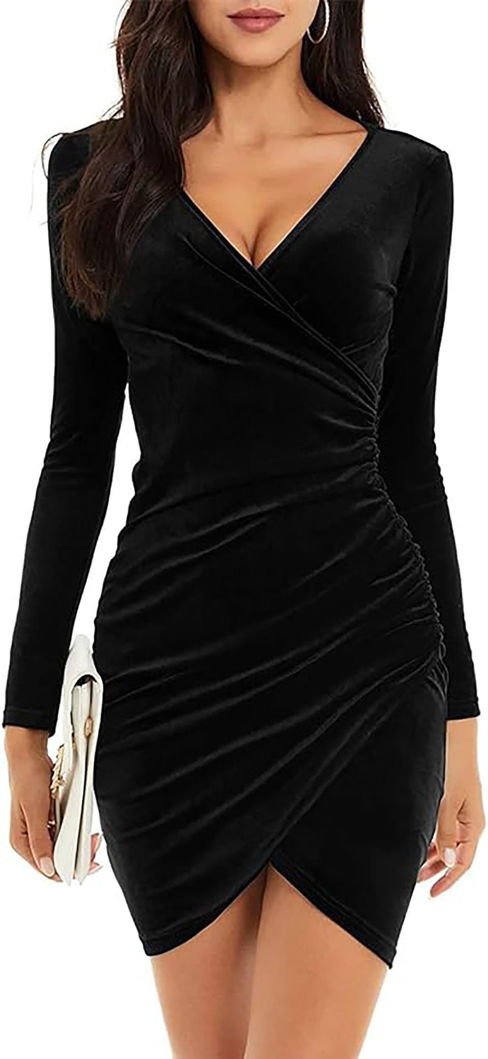 YYV Skort Damen Elegant Partykleid Samt,V Ausschnitt Langarm Minikleid Abendkleid Bodycon Kleid mit Schlitz Kleider Eng Festlich Winterkleid