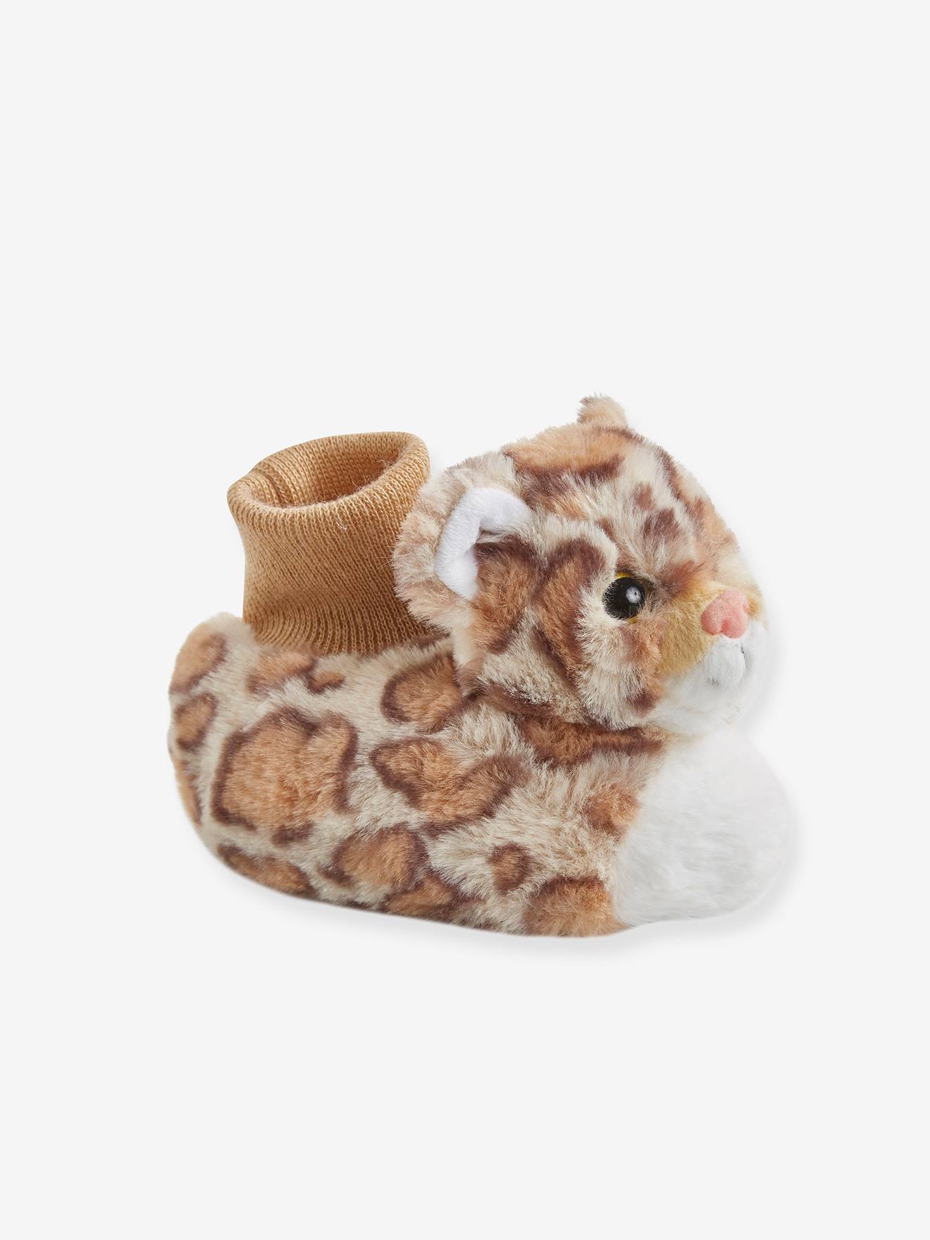 Vertbaudet Jungen Baby Plüsch-Hausschuhe, Leopard - beige leopard