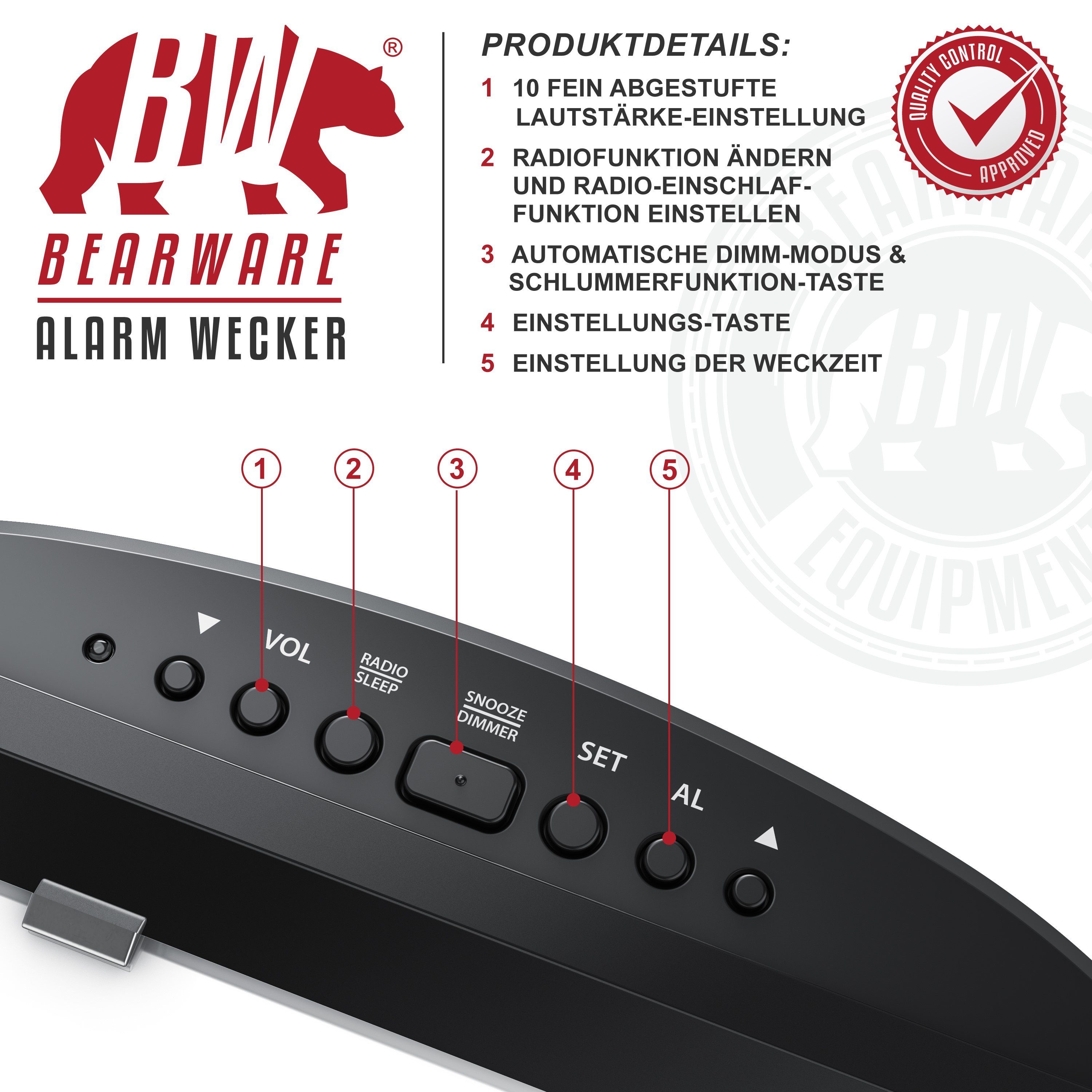 BEARWARE Radiowecker Digitaler Radio Wecker mit Autodimmer, Snooze, 15 FM Radiospeicher