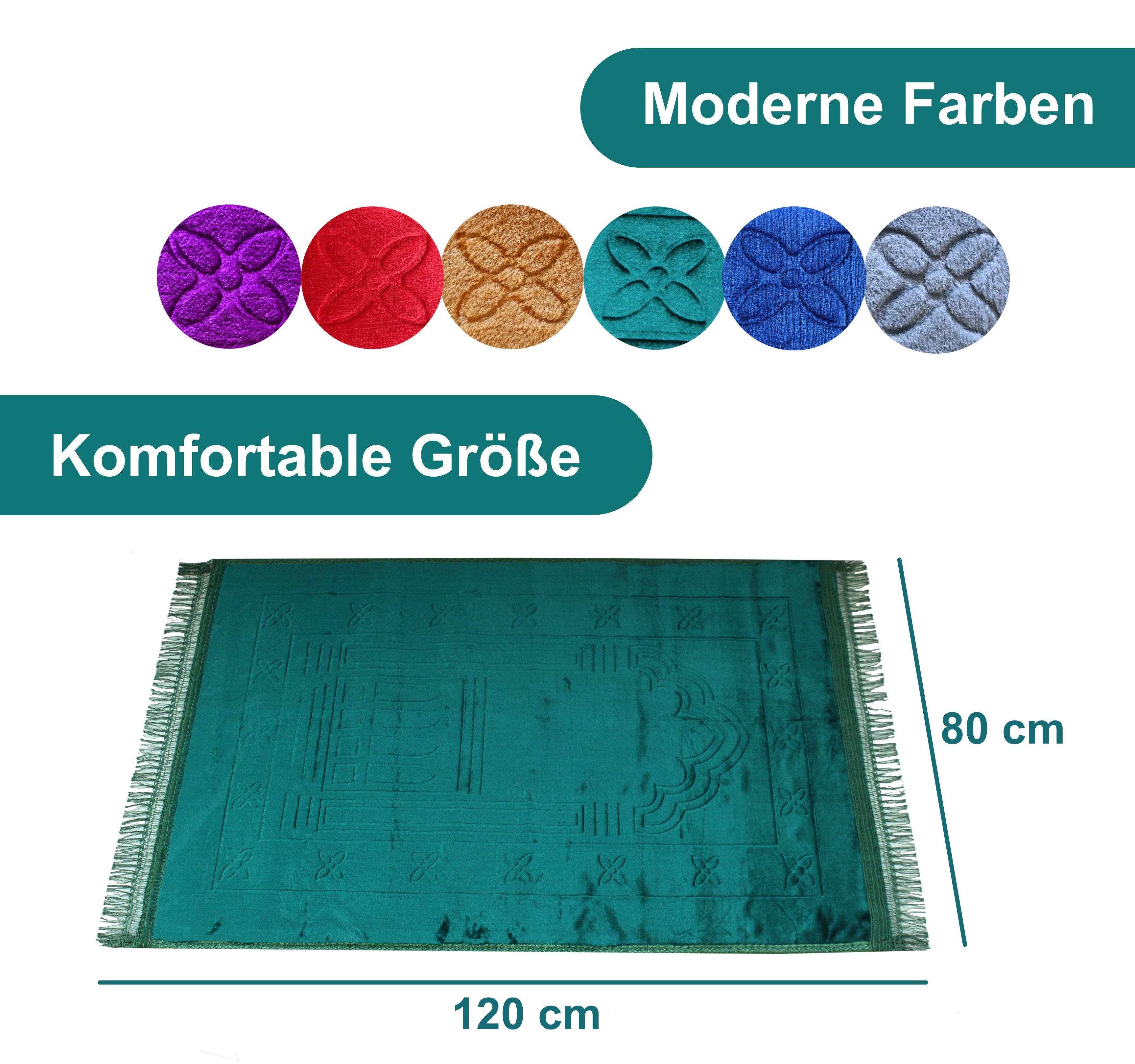 Teppich Muslimischer Gebetsteppich EXTRA WEICH, groß Sajadat mit gratis Tesbih, Nurify, 80 x 120 cm, Höhe: 100 mm, Gebetsmatte aus Samt für Muslime, besonders dick, rutschfester Gebetsteppich für Moschee, Zuhause & Unterwegs