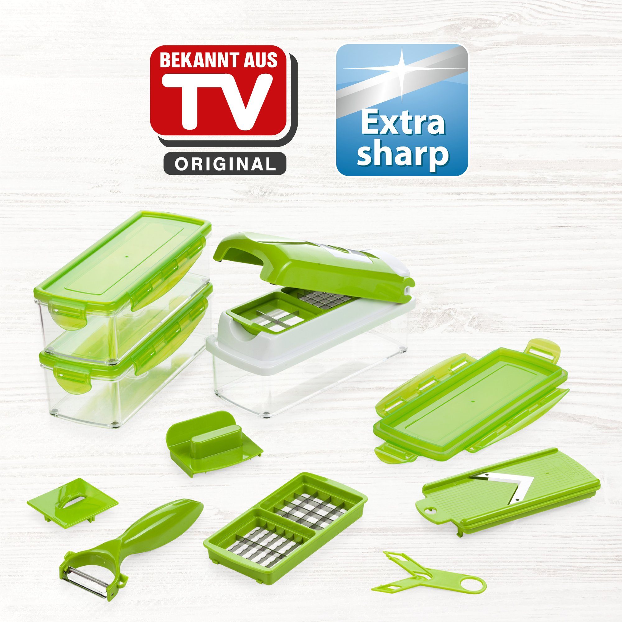 Genius Gemüseschneider Nicer Dicer Smart 14tlg. Gemüsehobel Würfelschneider, 3 Auffangbehälter mit 800 ml Fassungsvolumen Madoline Salatschneider
