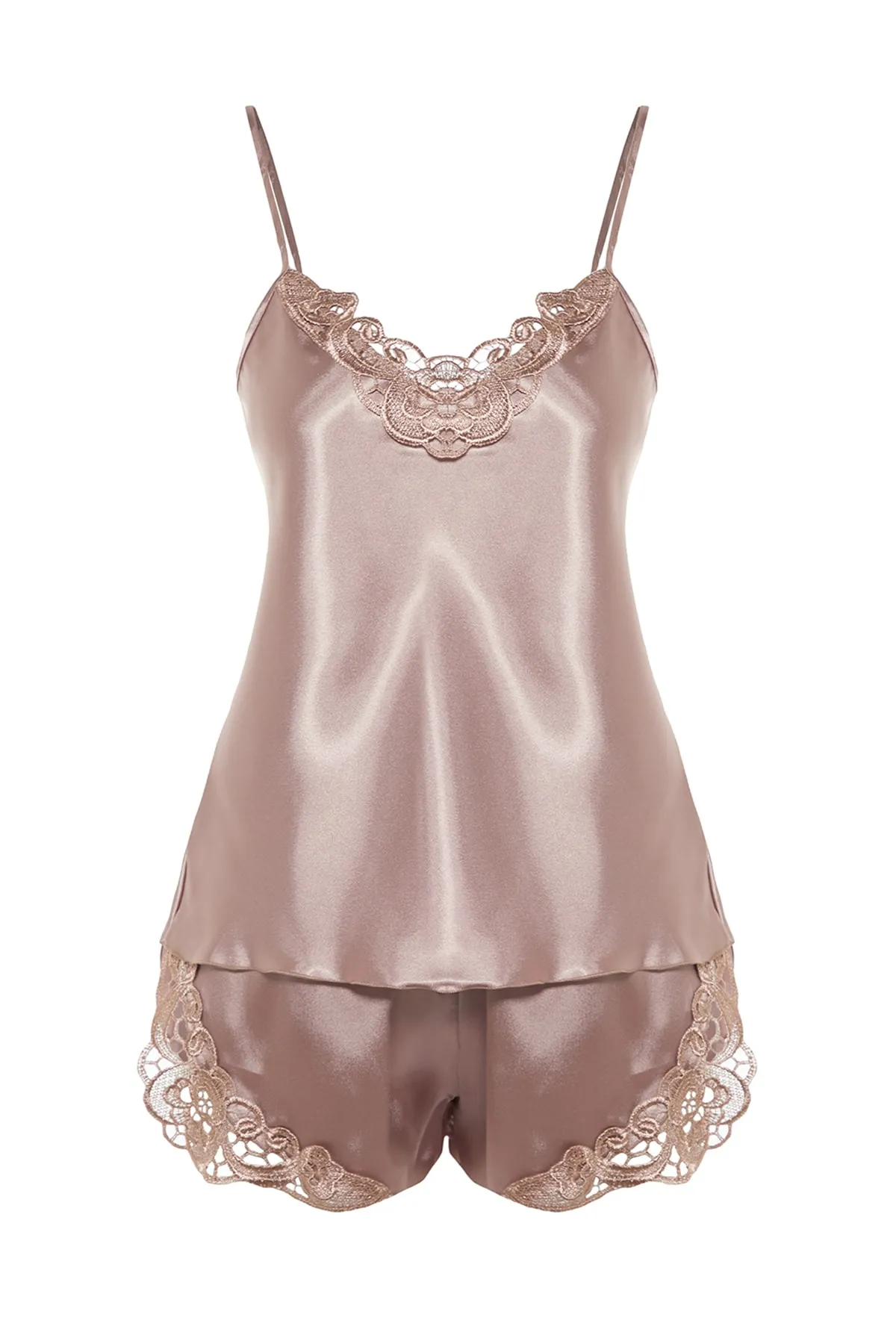 Trendyol Collection  Pyjama-Set aus gewebtem Satin mit Nerzspitze und Seilträgern THMAW21PT0843
