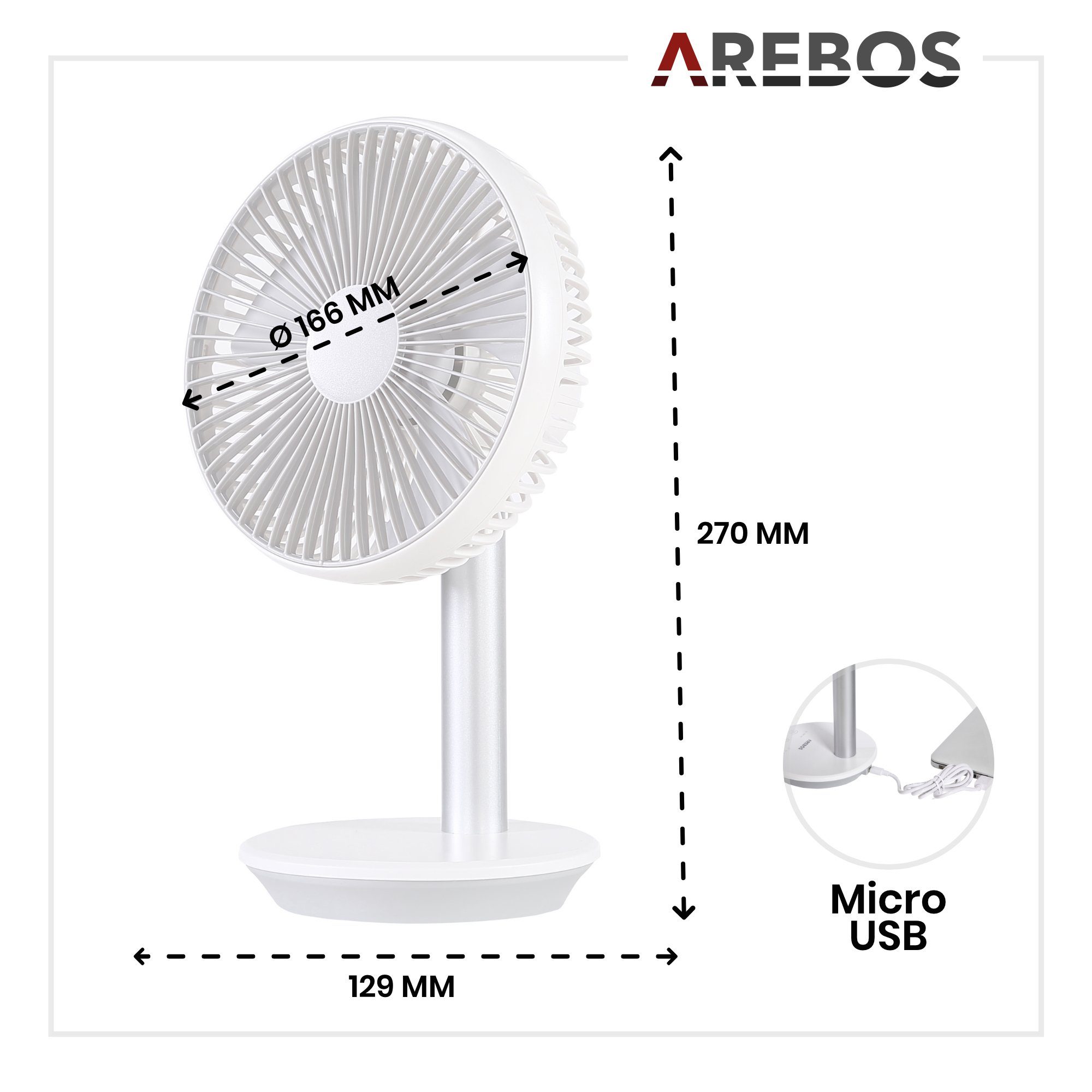 Arebos Tischventilator USB-Tischventilator mit Timer, wiederaufladbarer 2500 mAh