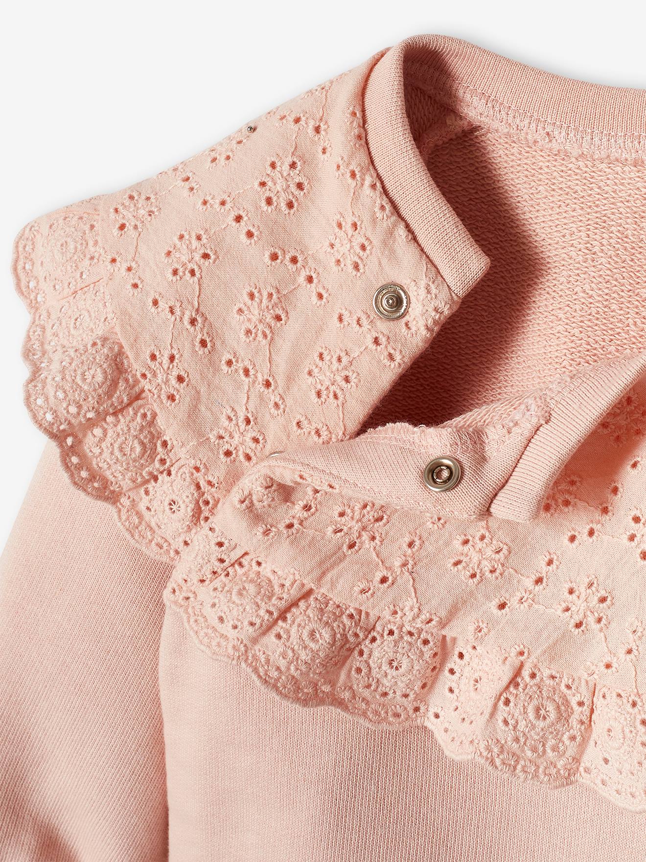 Sweat bébé encolure en broderie anglaise rose poudré