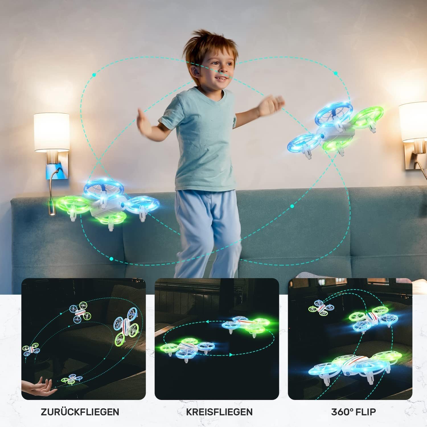 DEERC Mini Drohne mit Kamera für Kinder, RC FPV Quadrocopter mit Wifi Drohne (720P, mit 2 Akkus Lange FlugzeitBunte LED Lichter Kinderdrohnen für Anfänger)