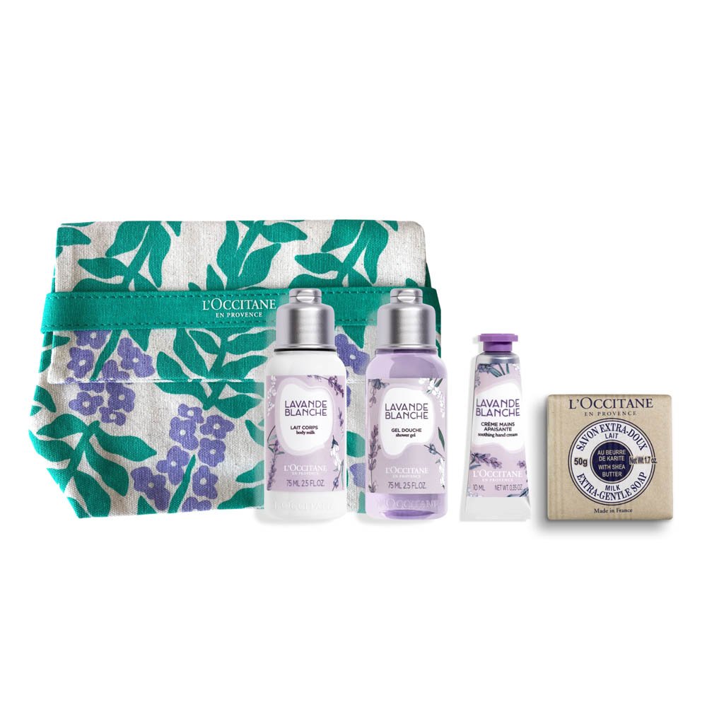 L&'OCCITANE White Lavender Täschchen = White Lavender Duschgel 75 ml + White Lavender K-Milch 75 ml + White Lavender Handcreme