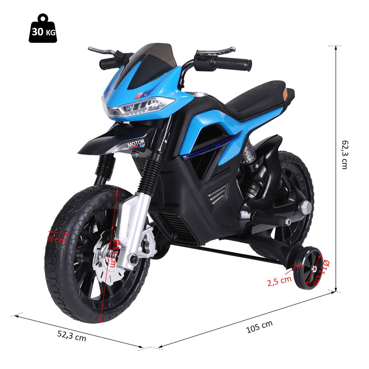 HOMCOM Kindermotorrad Kinder-Elektromotorrad Elektro-Motorrad für Kinder 3-6 Jahren Licht Musik MP3 Elektrofahrzeug mit Stützrädern maximal 3 km/h Metall   Kunststoff Blau 105 x 52,3 x 62,3 cm