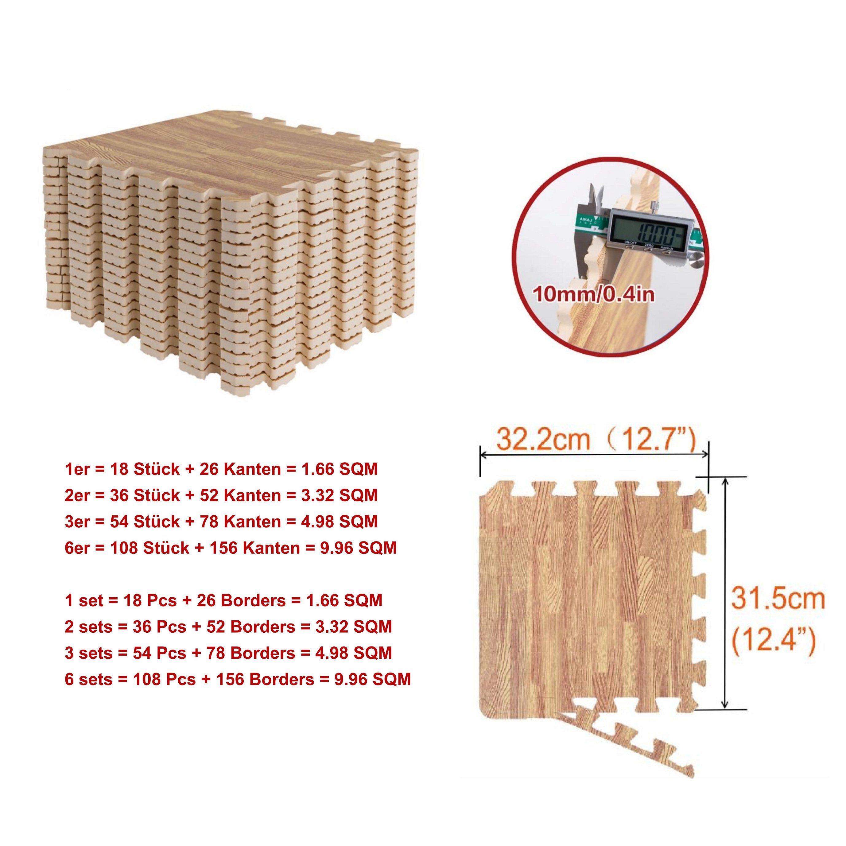 BodenMax Bodenturnmatte BodenMax Holzoptik EVA Gymnastikmatte rutschfest, 18,36,54,108 Stücke