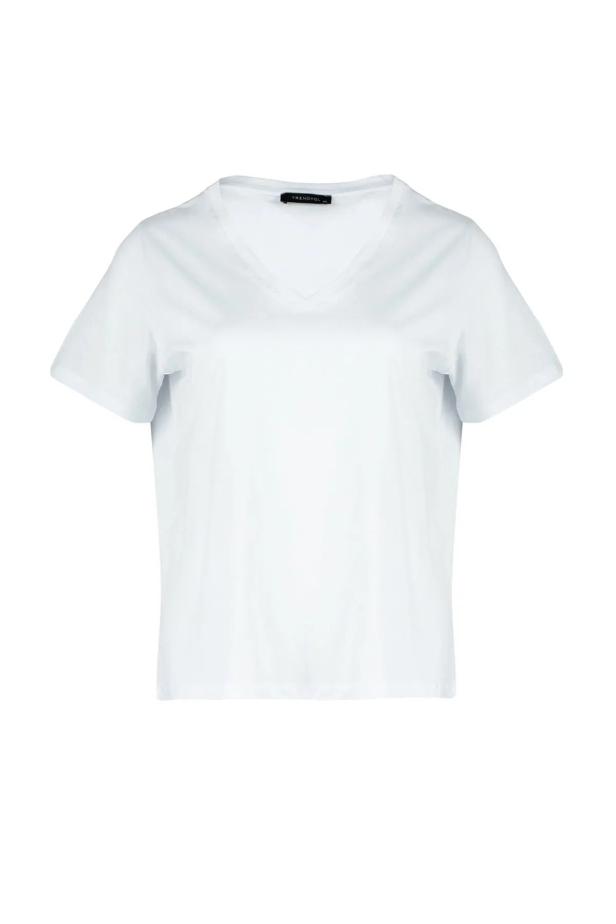 Trendyol Curve  Weißes Basic-Strick-T-Shirt mit V-Ausschnitt TBBSS22BF0028