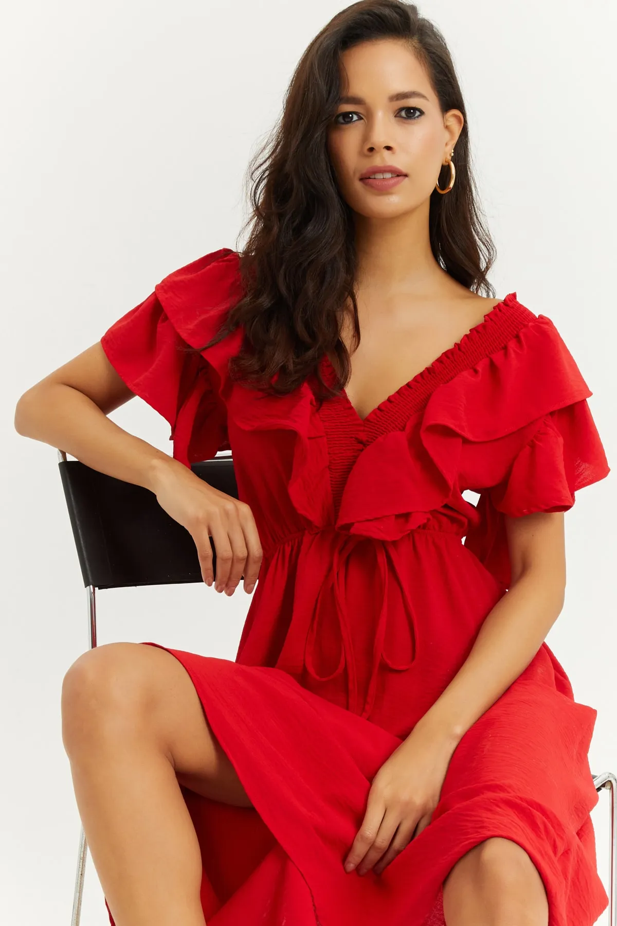 Cool & Sexy  Rotes Damen-Volantkleid mit V-Ausschnitt vorne und hinten KS113