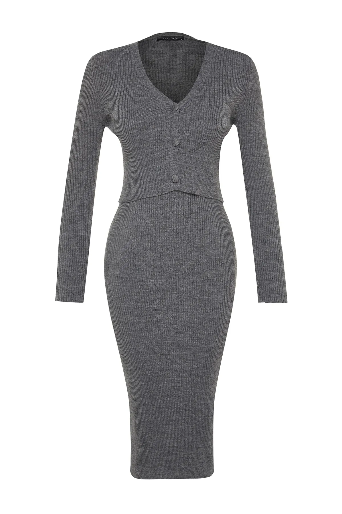 Trendyol Collection  Anthrazitfarbener Cardigan-Kleid-Strickanzug mit Knöpfen und Details TWOSS21EL0208