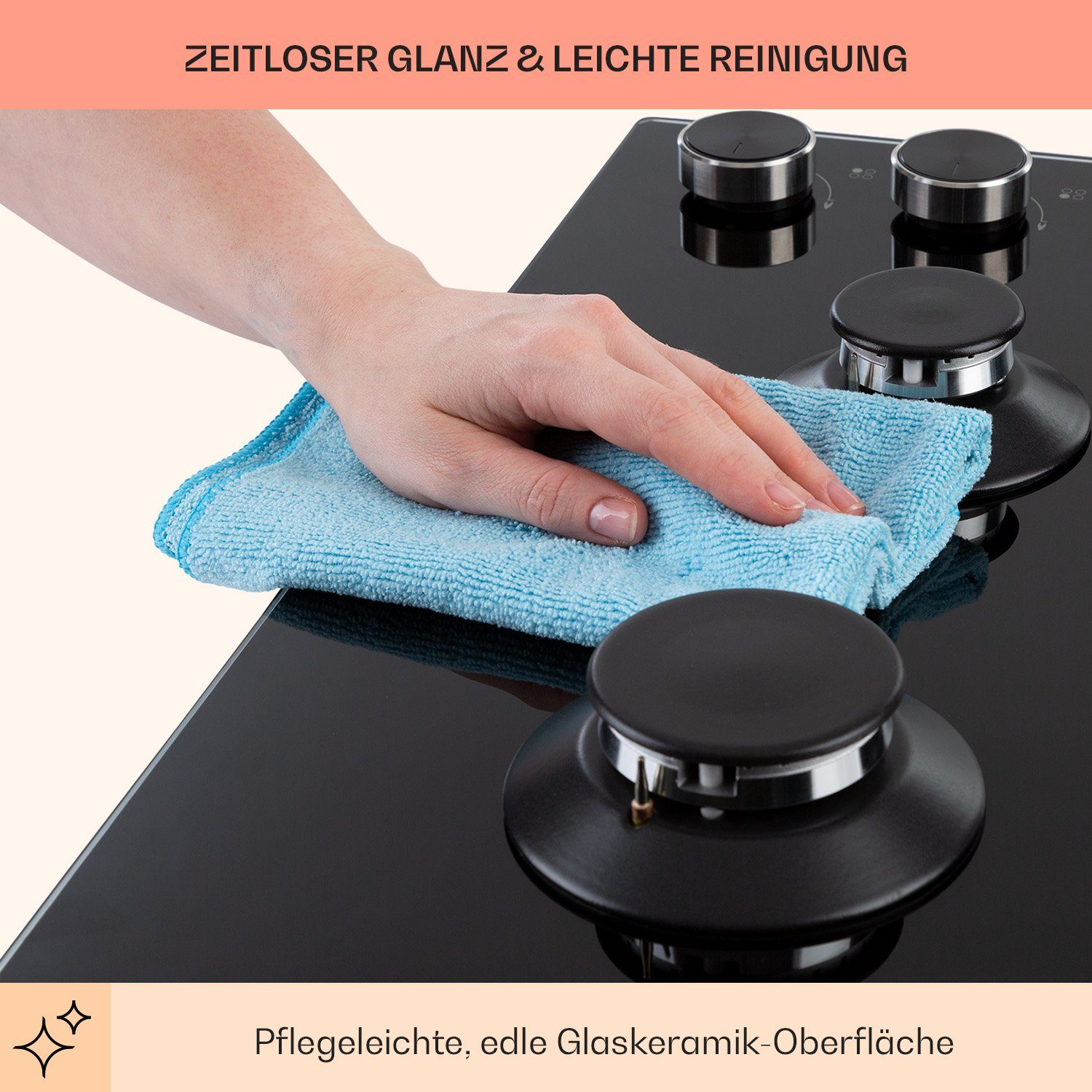 Klarstein Gas-Kochfeld Illuminosa 4 Gaskochfeld 4-flammig Sabaf-Brenner Glaskeramik CGCH6-Illuminosa-4, 4 flammen brenner Kochfelder Gaskochfelder