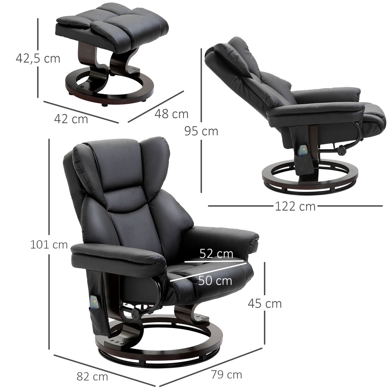 HOMCOM Massagesessel mit Fußhocker Relaxsessel 145°-Neigung Kunstleder Schwarz 79 x 82 x 101 cm