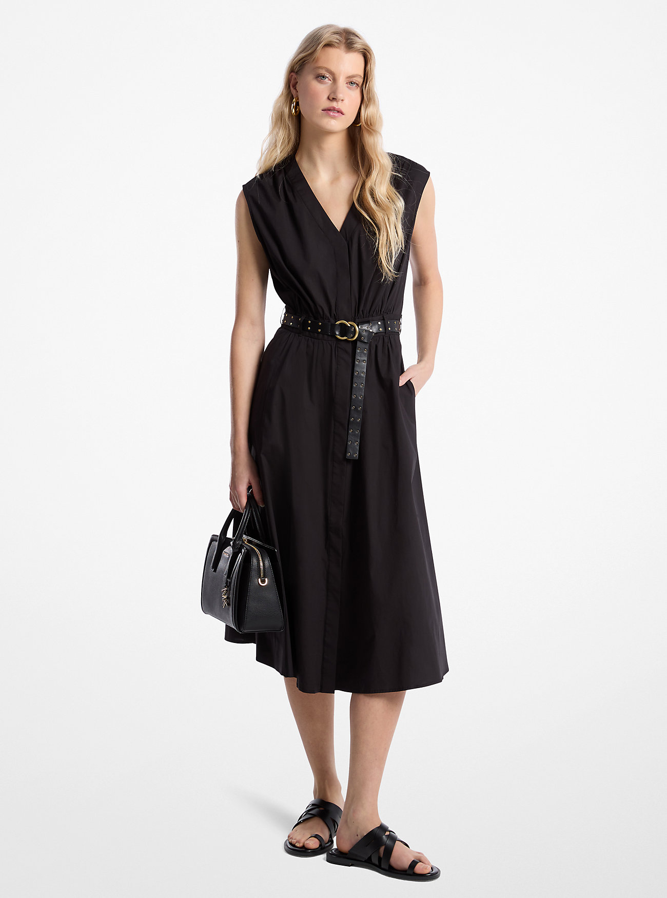 Abito midi con cintura in popeline di cotone elasticizzato - NERO