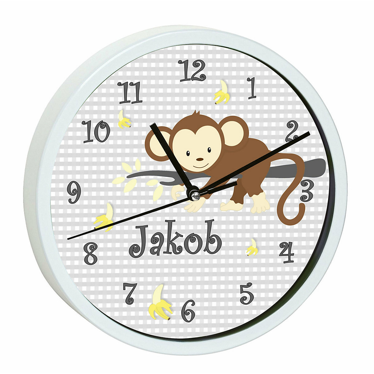 Kinder Wanduhr personalisiert mit Name Affe hängend Grau