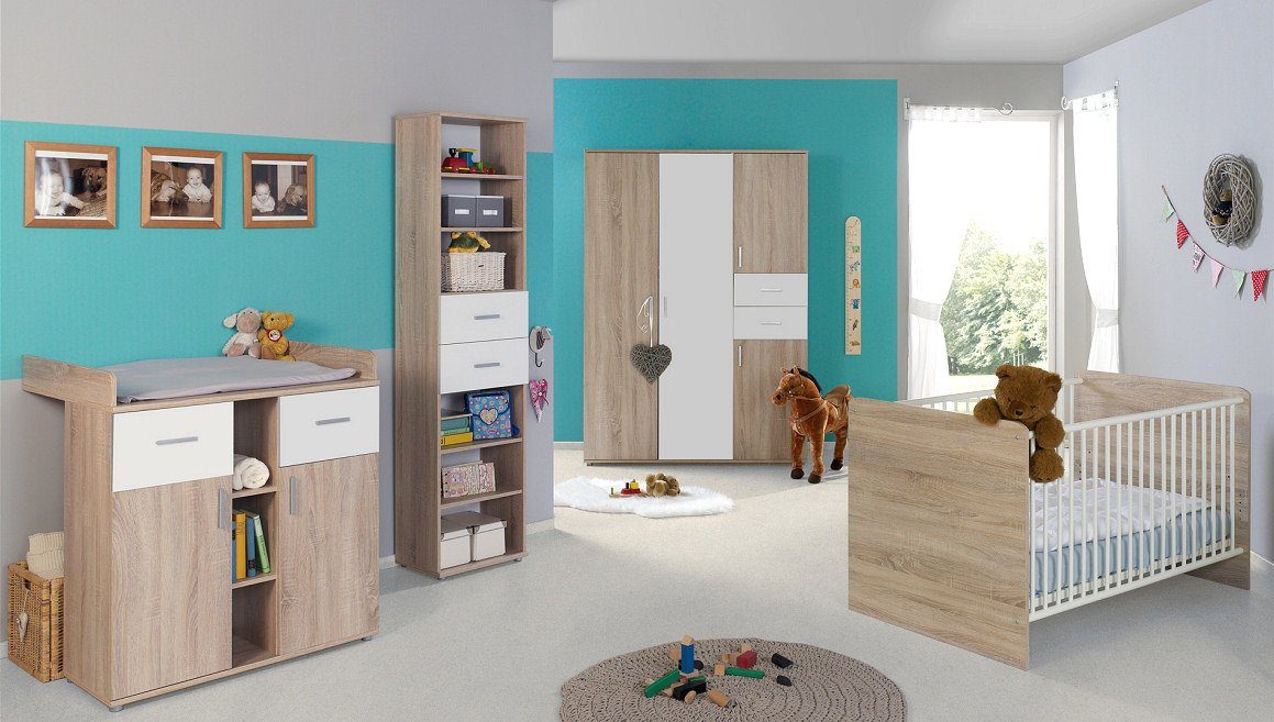 moebel-dich-auf Babyzimmer-Komplettset ELISA 4, (Babyzimmer Kinderzimmer, Babybett + Wickelkommode + Kleiderschrank + Standregal), optional mit Matratze und Umbauseiten-Set