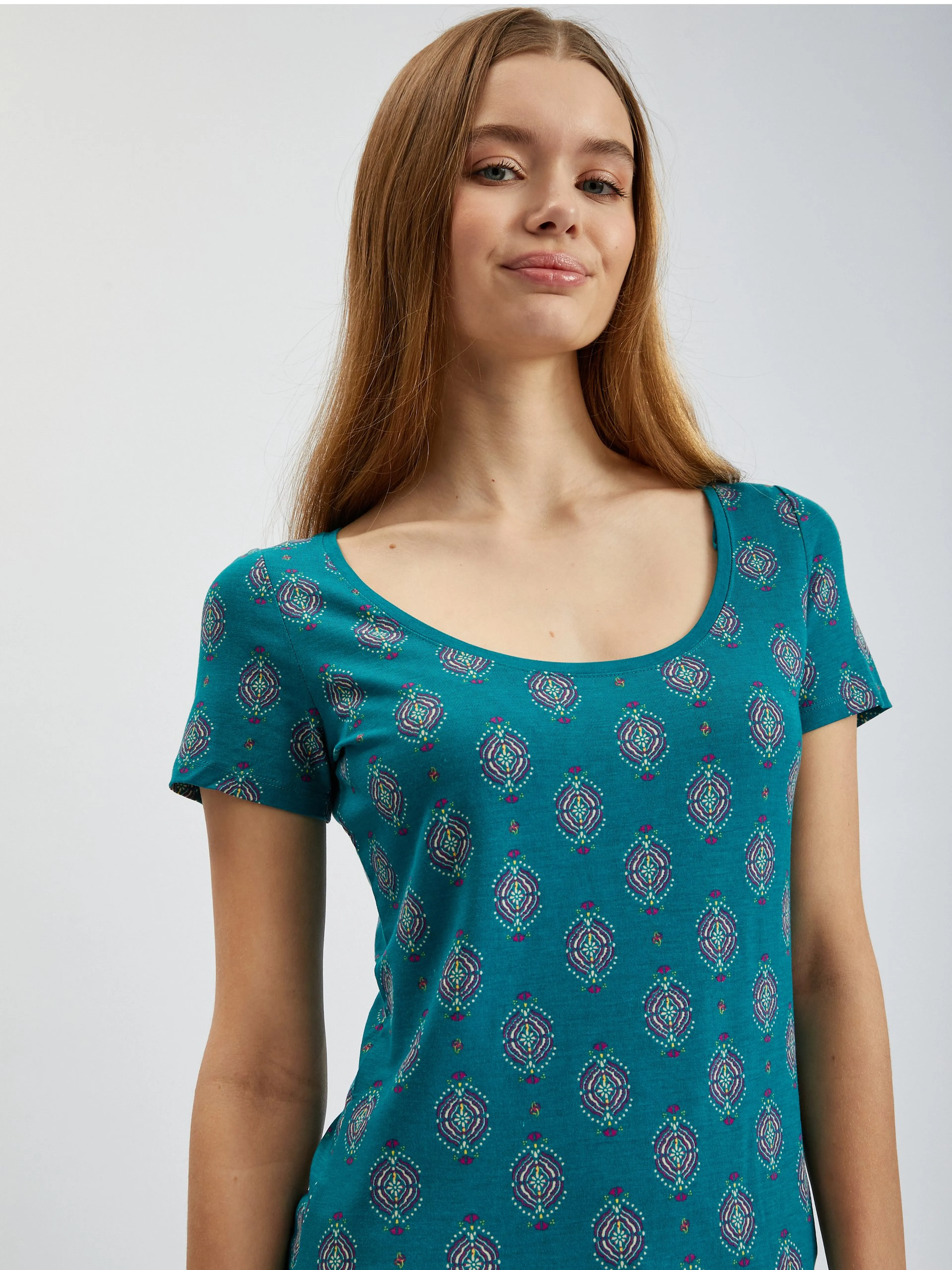 Petrolfarbenes gemustertes Damen-T-Shirt ORSAY