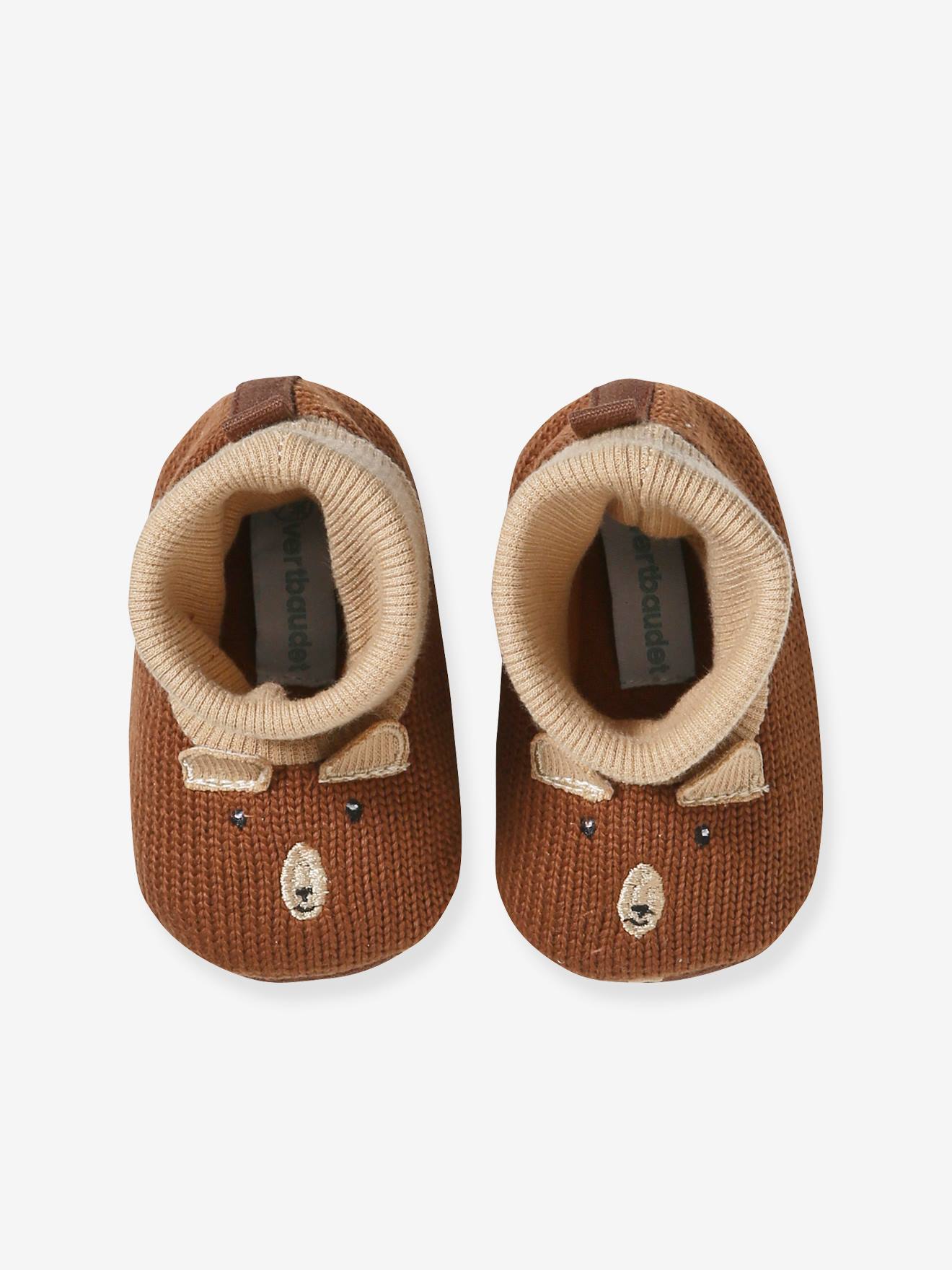 Chaussons souples tricot bébé marron