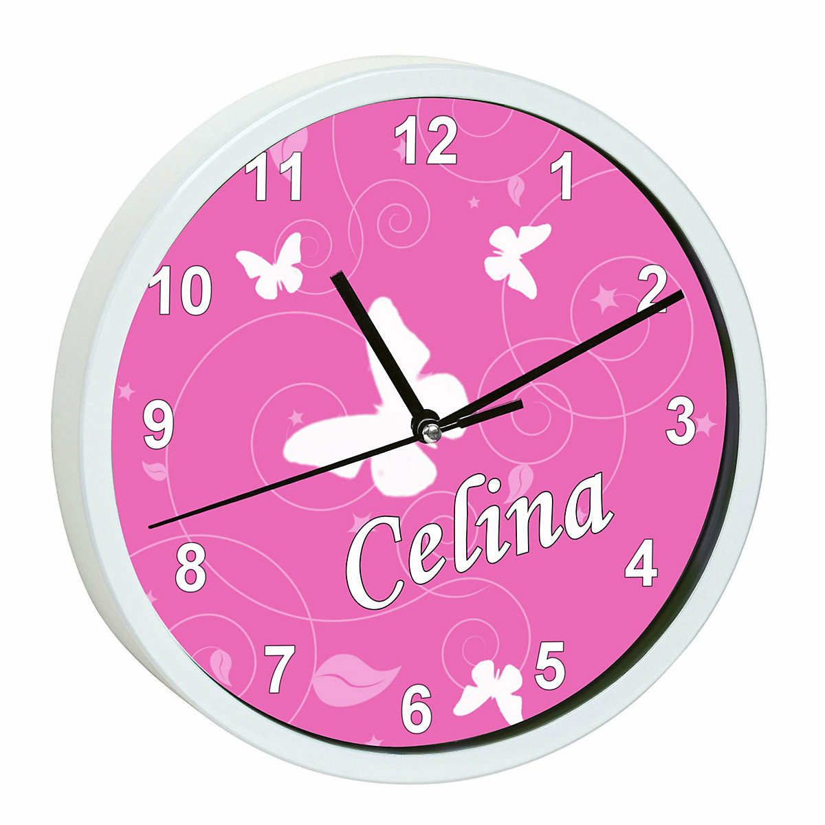 Kinder Wanduhr laufruhig personalisiert mit Name Schmetterling Rosa