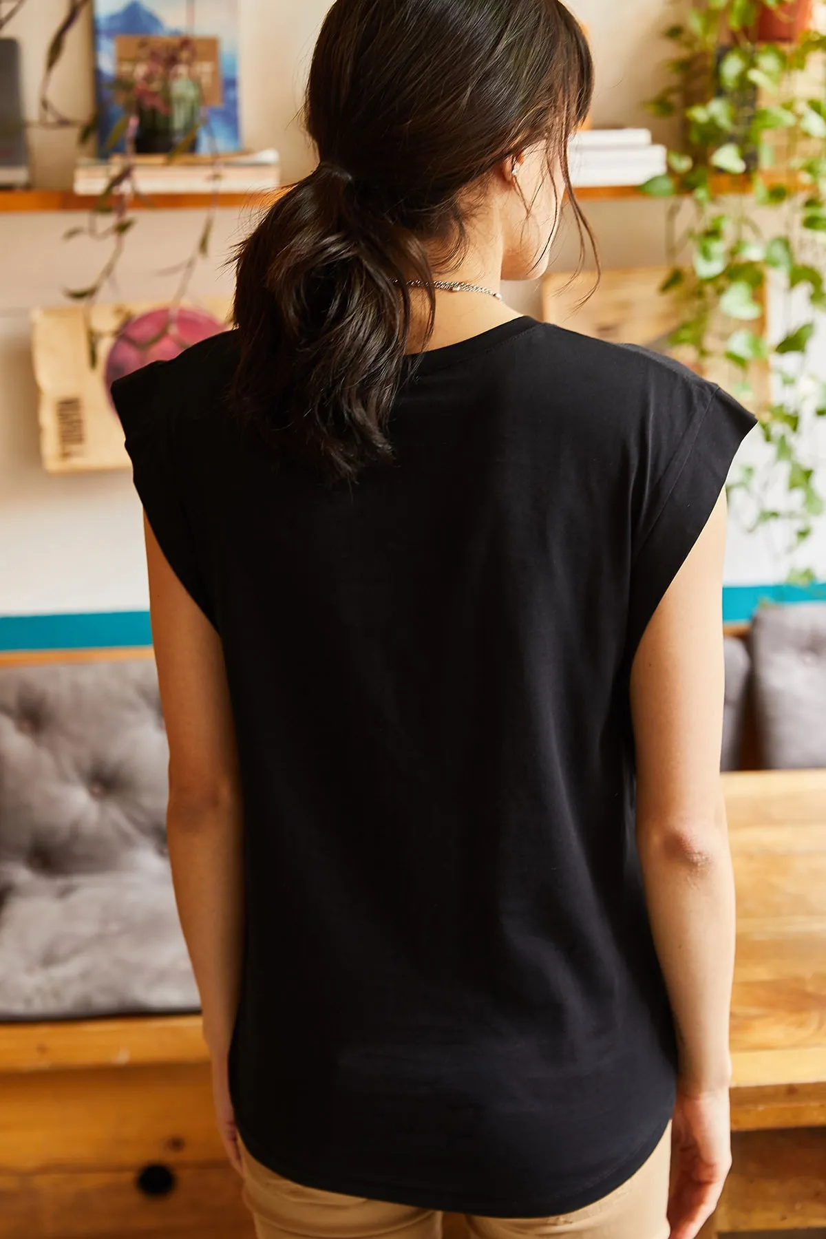 Olalook  Schwarzes Achselstück-Fledermaus-T-Shirt für Damen TSH-19000330