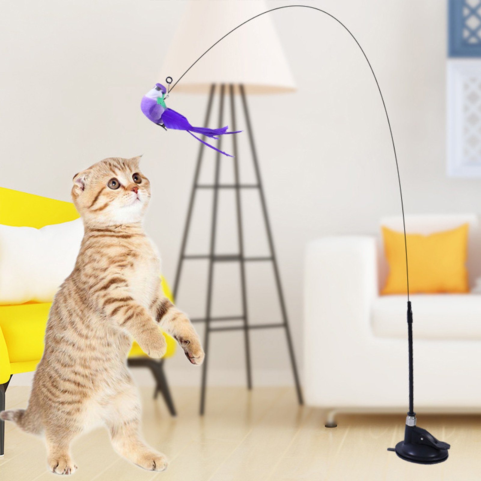 Rutaqian Tier-Intelligenzspielzeug Katzenstab Spielzeug Mit Federn für Katzen Federspielzeug Mit Saugnap, Interaktives Katzenspielzeug Angel mit Feder,Zufällige Farbe
