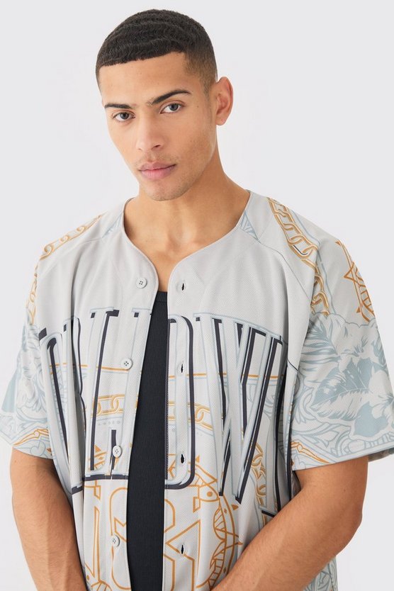 Oversized Mesh Printed Baseball Shirt