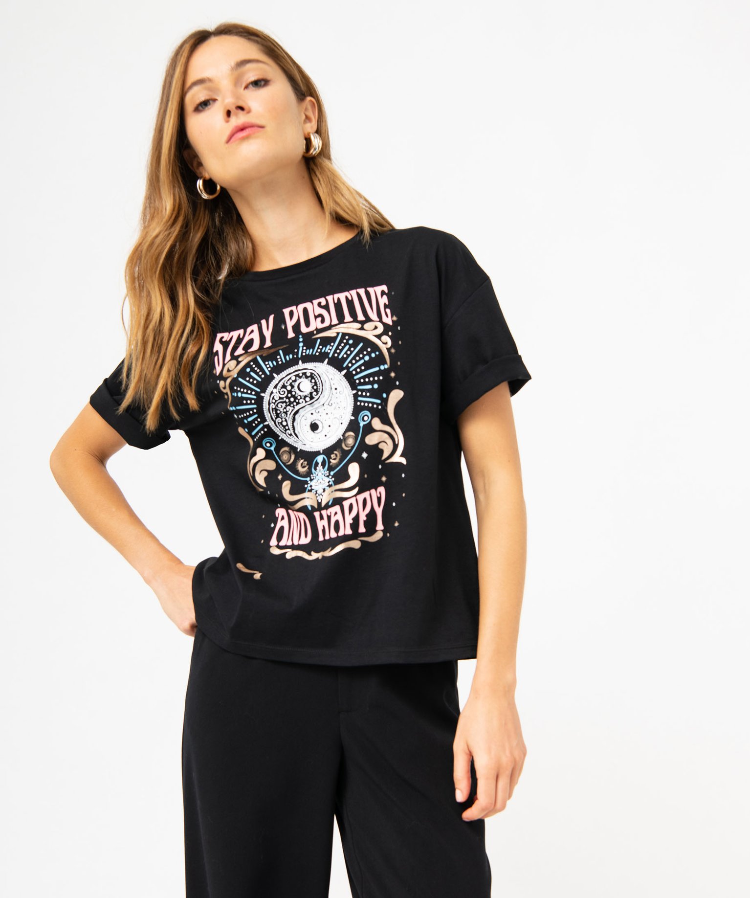 Tee-shirt à manches courtes avec motif Yin et Yang femme noir | GEMO