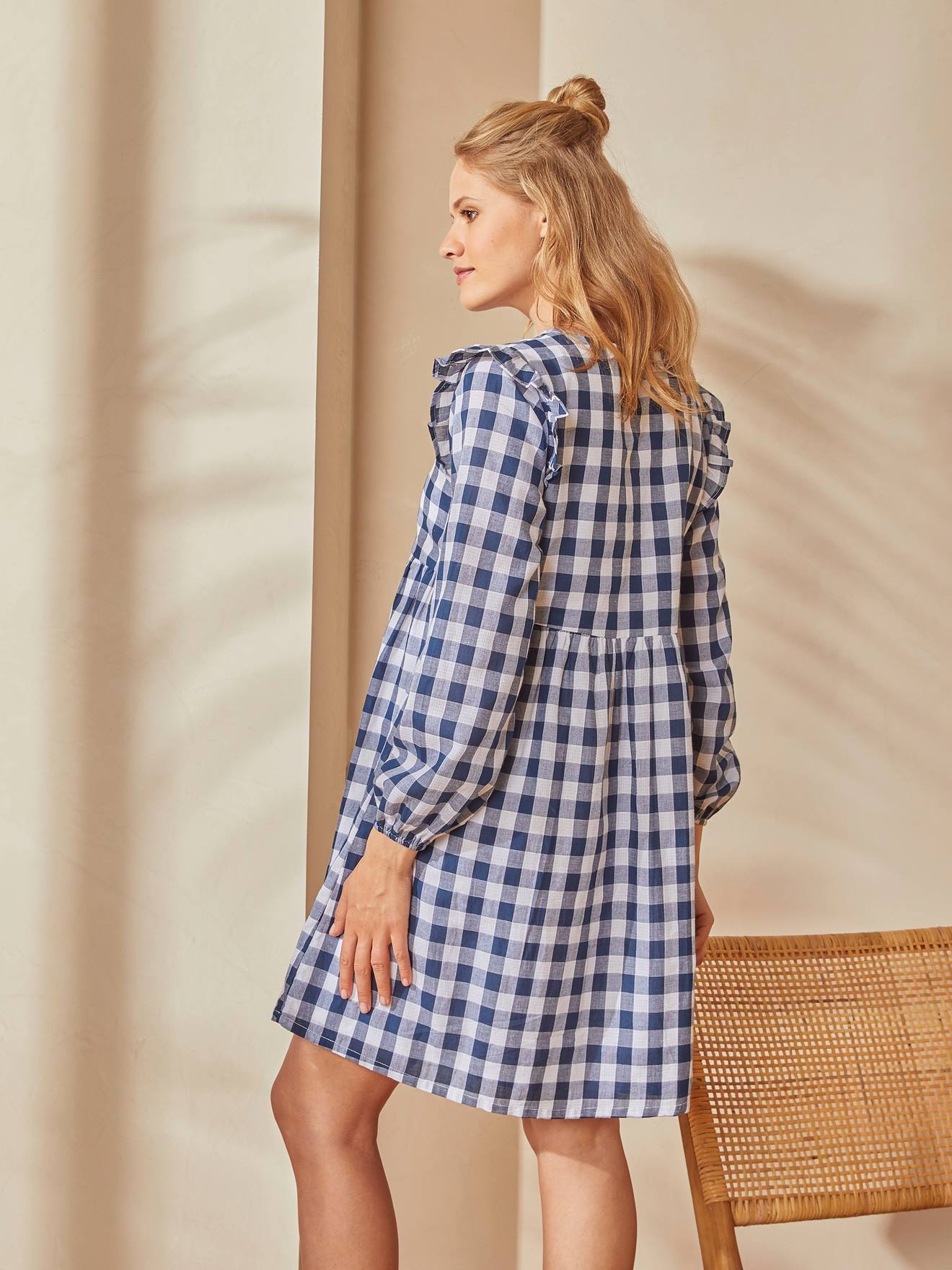 Robe de grossesse et d'allaitement carreaux tissés carreau bleu/blanc