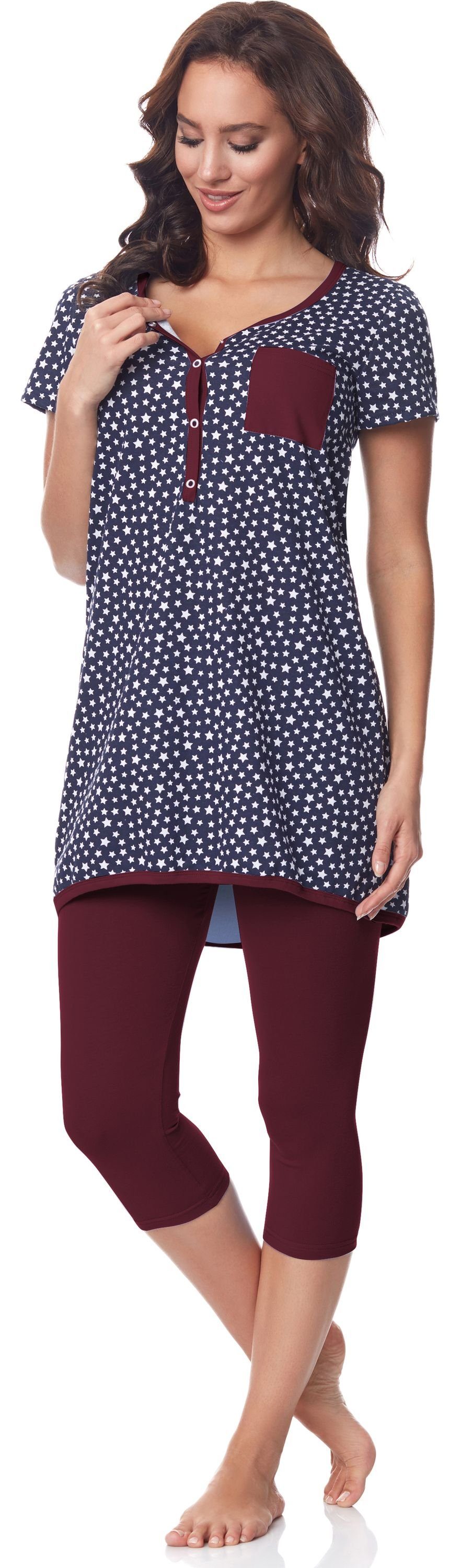 Be Mammy Umstandspyjama Damen Kurzarm Pyjama mit Stillfunktion BE20-177