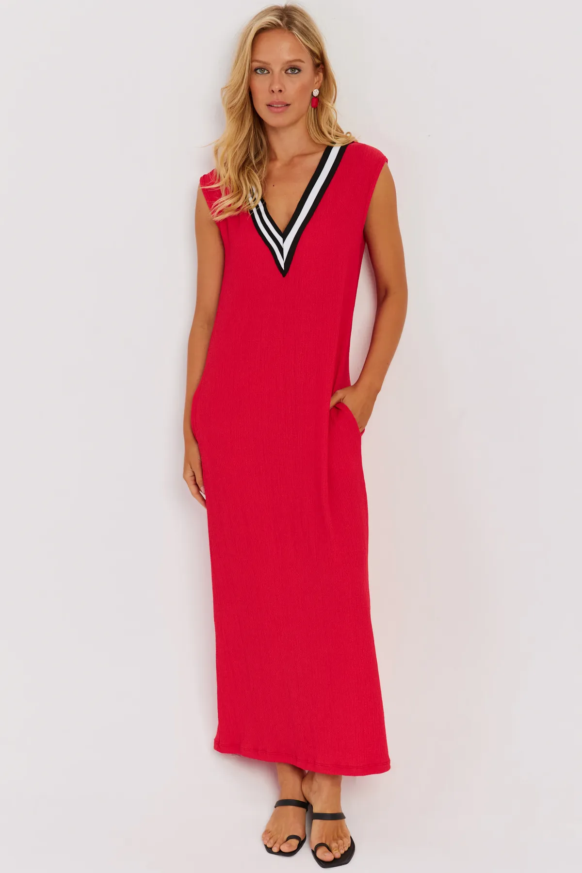 Cool & Sexy  Rotes Damen-Maxikleid mit V-Ausschnitt und Blockmuster EY2779