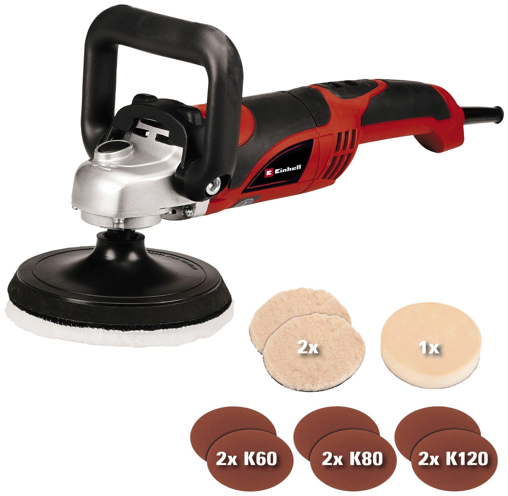 Einhell Poliermaschine CC-PO 1100/150 E, (Set, 10 tlg., inkl. umfangreichem Polier- und Schleifzubehör), Polieren und Schleifen in einem Gerät, max. 3500 U/min