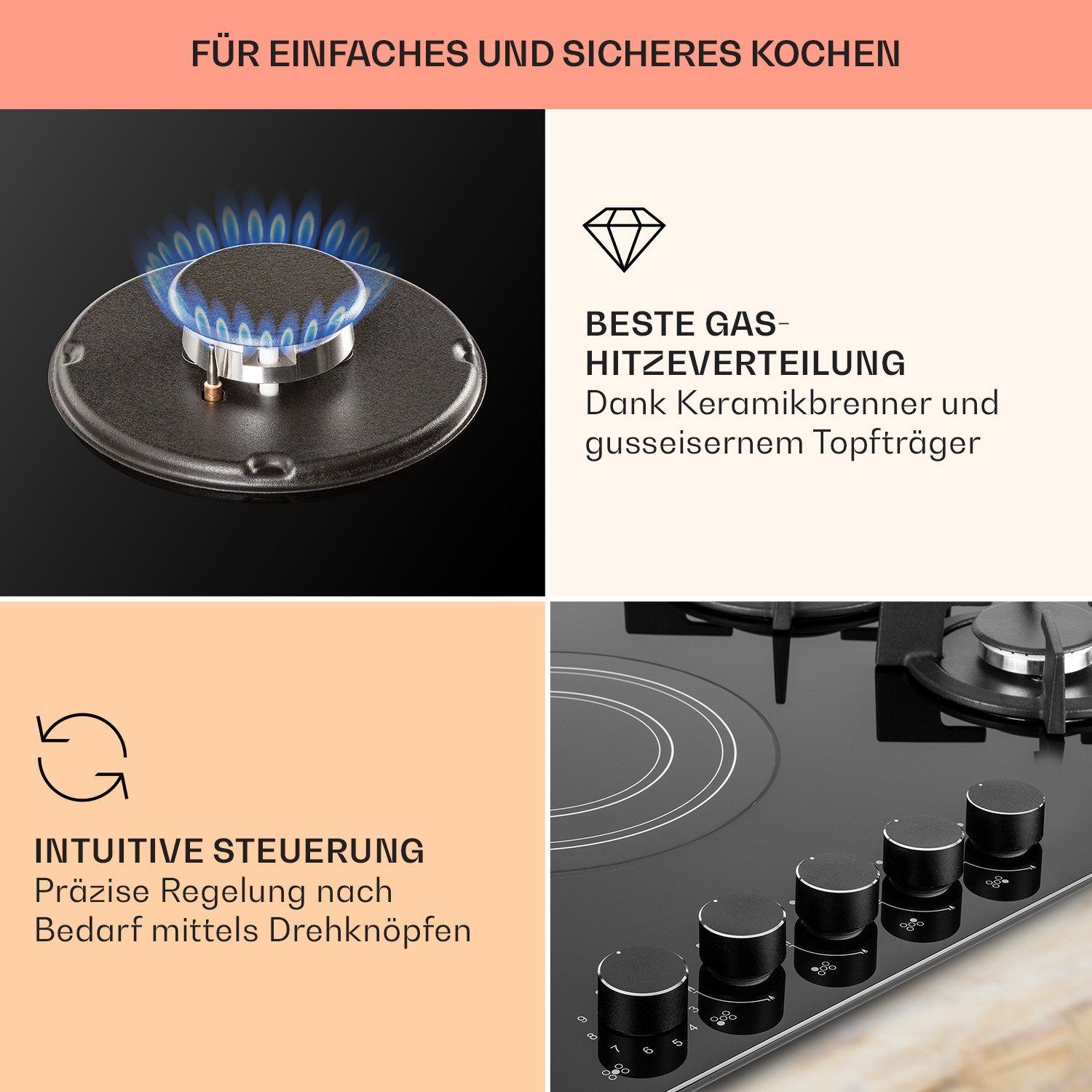 Klarstein Gas-Kochfeld CP11-MultiChef-5 CP11-MultiChef-5, 5 Kombi Multi Kochfelder Gaskochfelder 4 Brenner