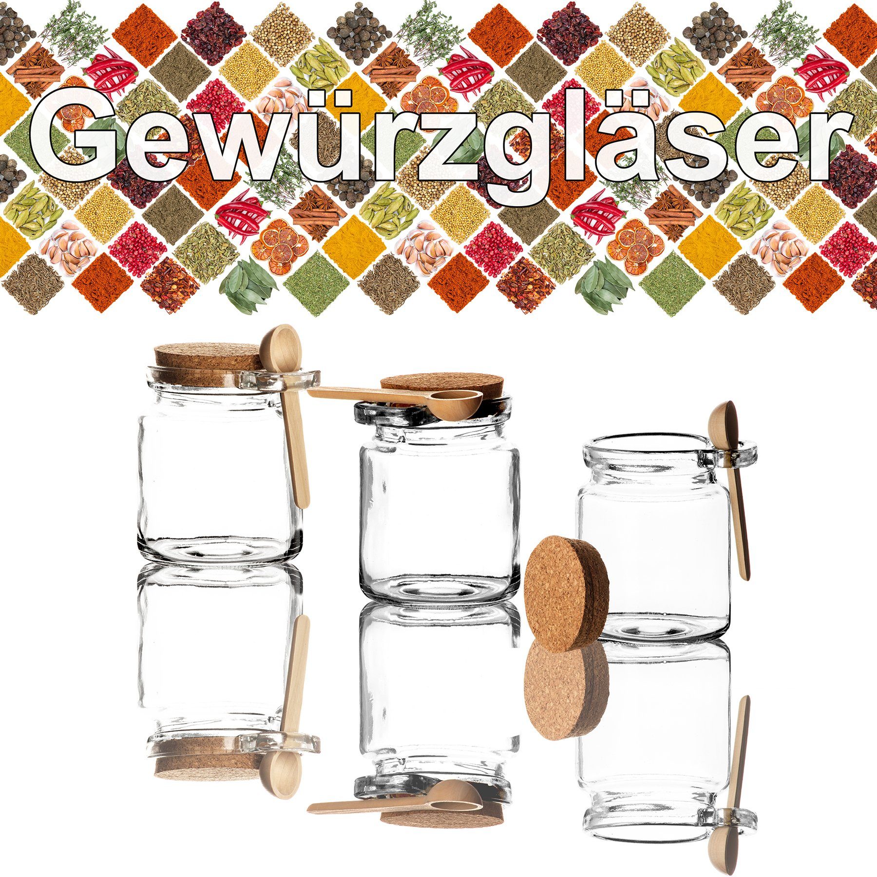 BigDean Gewürzbehälter 6x Gewürzgläser mit Löffel Luftdichter Korkverschluss Gewürzglas G, Glas. Kork, (6-tlg)