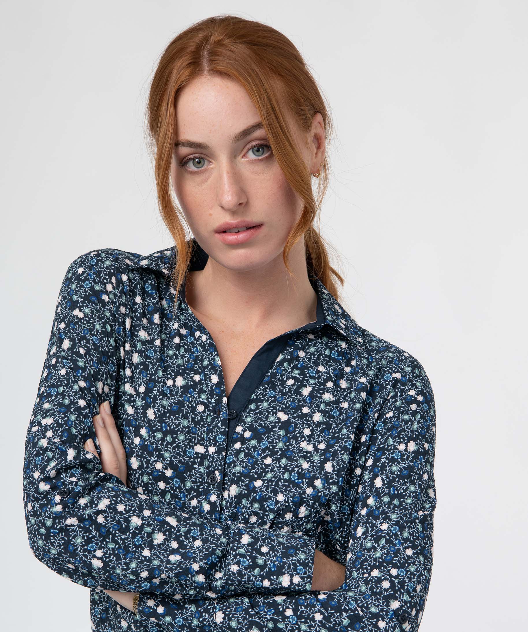 Chemise femme à motifs fleuris avec manches retroussables imprime | GEMO