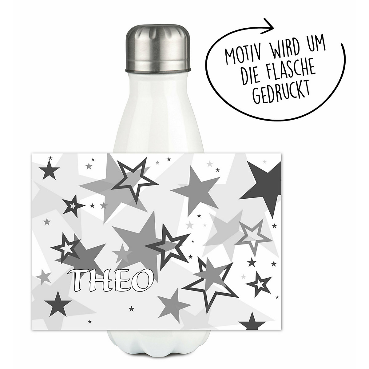 Edelstahl Kinder Thermoflasche / Trinkflasche bunt Sternenhimmel Farbe grau Spülmaschinenfest, Auslaufsicher, Bruchfest, Doppelwandig, Für Heißgetränke geeignet, Mit Deckel, Isoliert