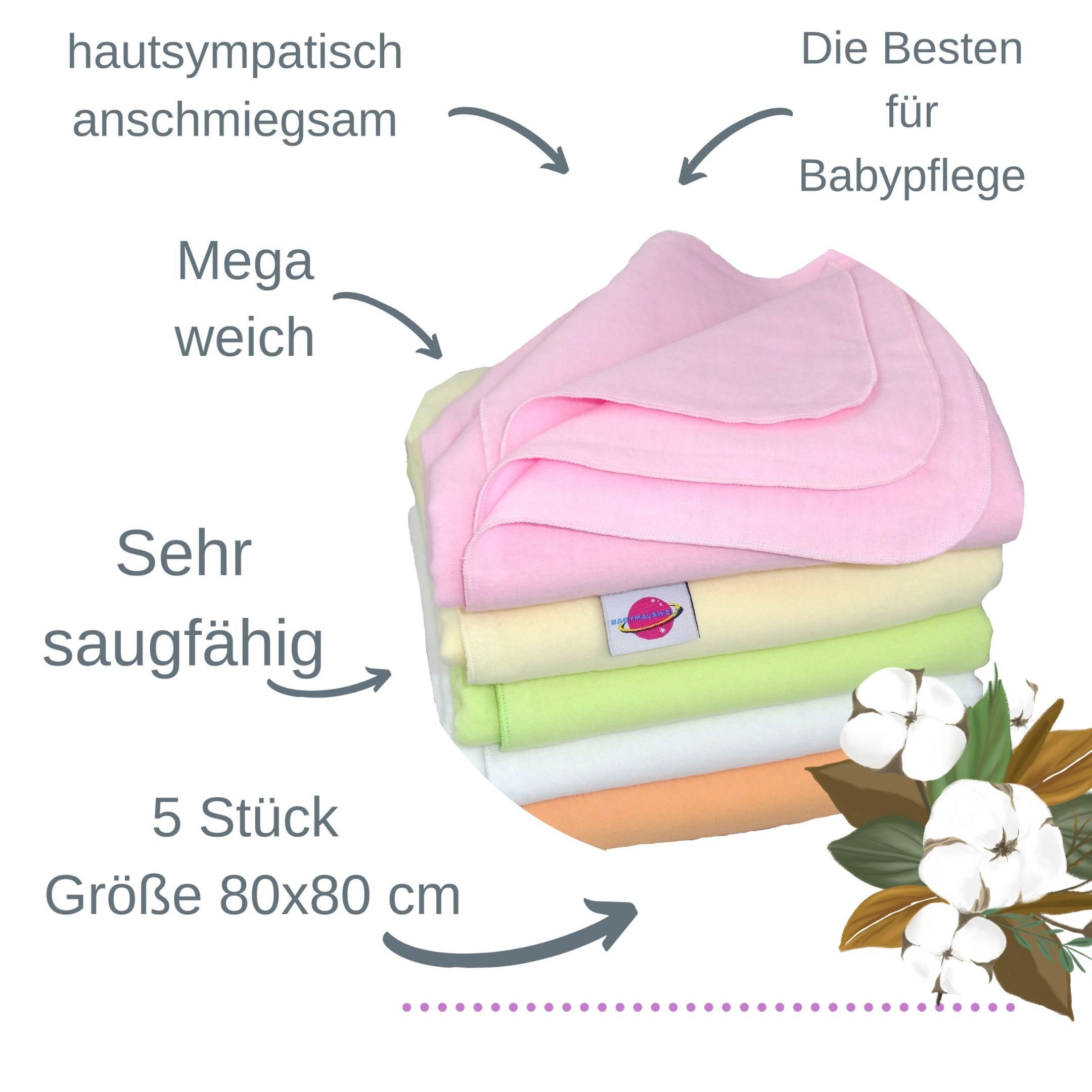 Babymajawelt Stoffwindeln Baby Molton Tücher 80x80 cm SUPER SOFT Spucktücher Pflegetücher (Set, 5-St., Saugfähige Waschbare Moltonwindeln), Wickelunterlage, Faltwindeln, Babydecke, Sichtschutz, EU made